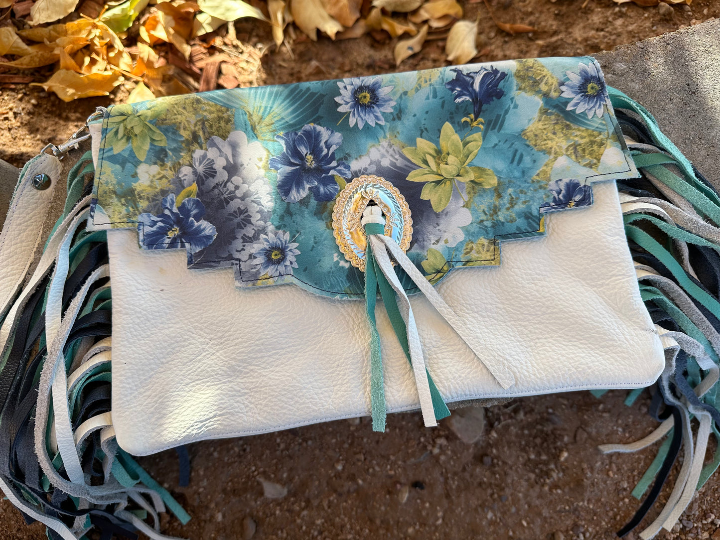 Western printed leather fringe clutch