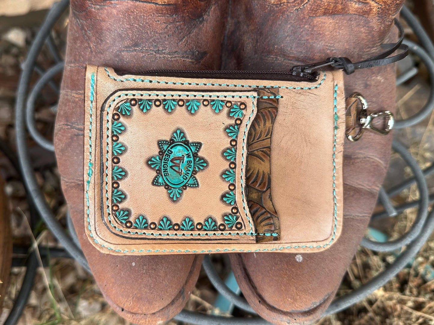 Western tooled leather turquoise and copper dragonfly zipper card wallets