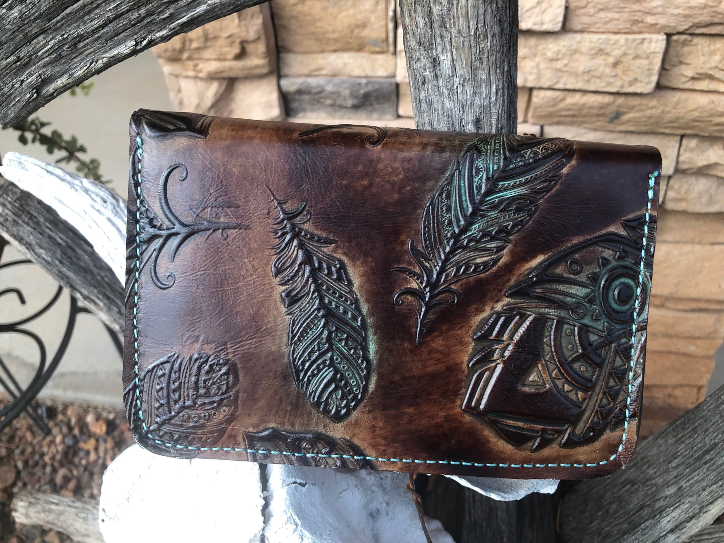 Western tooled leather floral and turquoise butterfly patch on embossed Leather manicure kit
