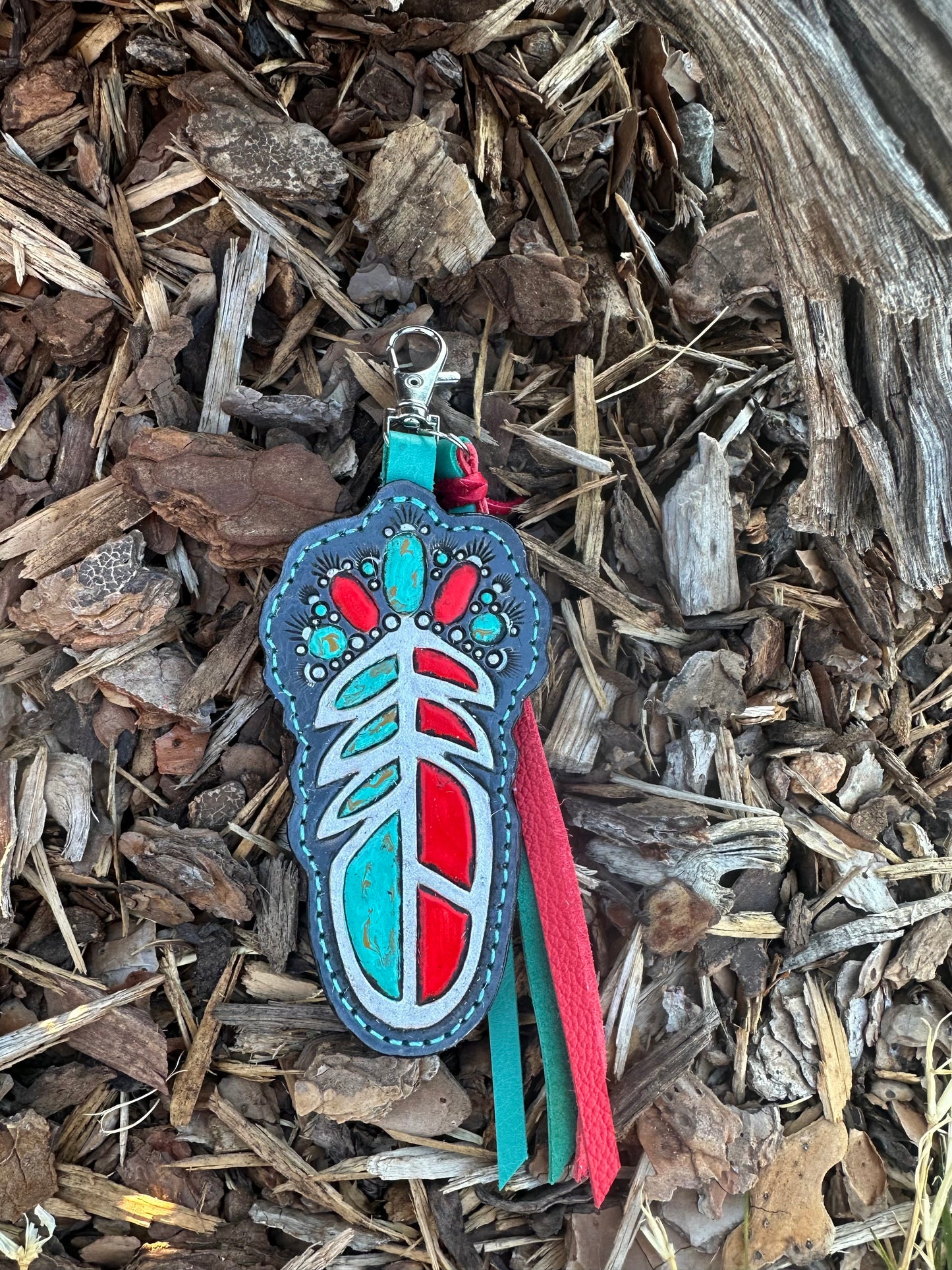 Southwestern tooled leather red and turquoise feather keychain