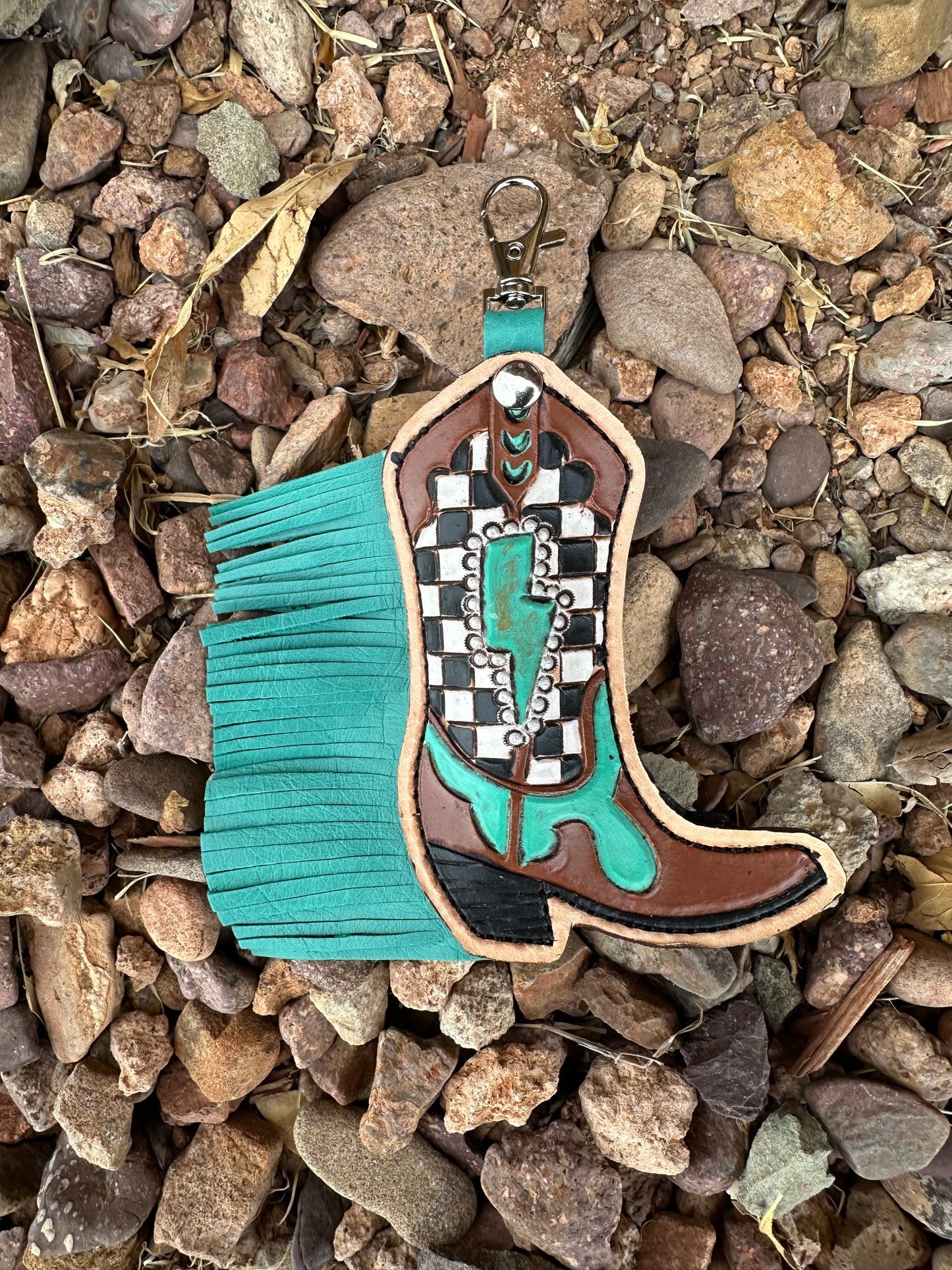 Western tooled leather turquoise lightning bolt and checkered paint fringe boot chapstick keychain