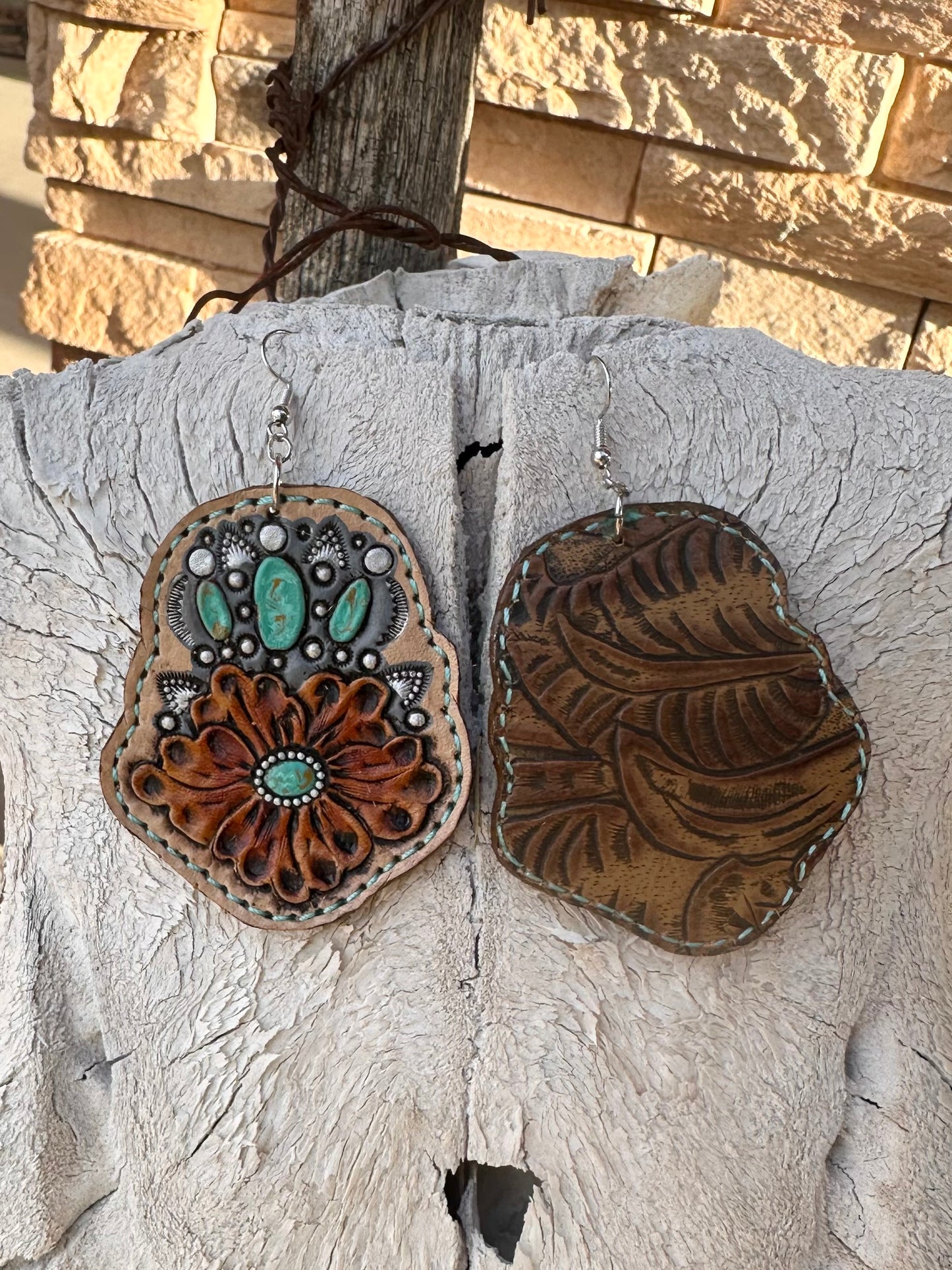 Western tooled leather floral and turquoise earrings