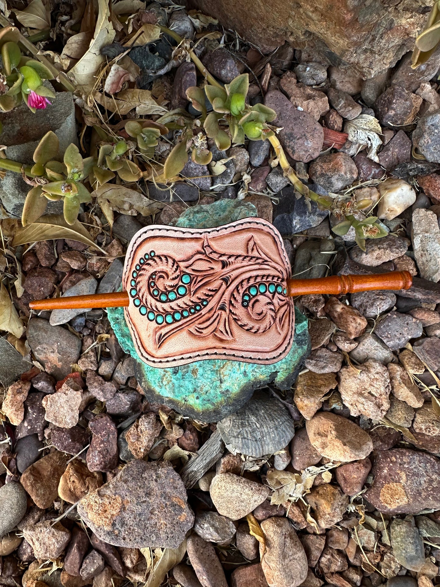 Western tooled leather scroll and turquoise stick hair barrette