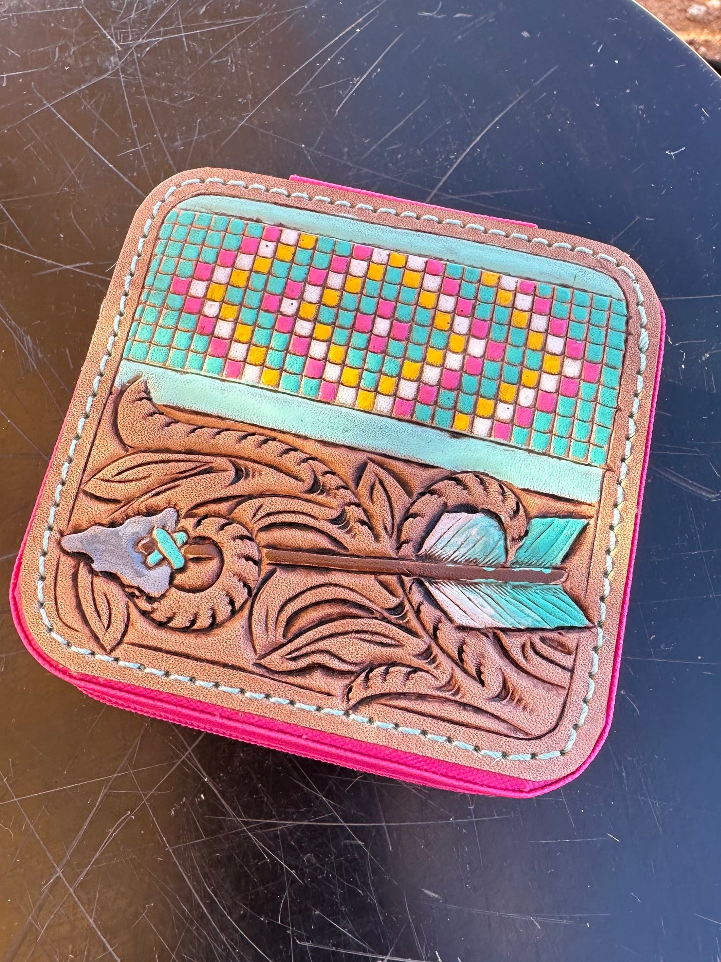Southwestern tooled leather arrow and faux beadwork patch travel jewelry case