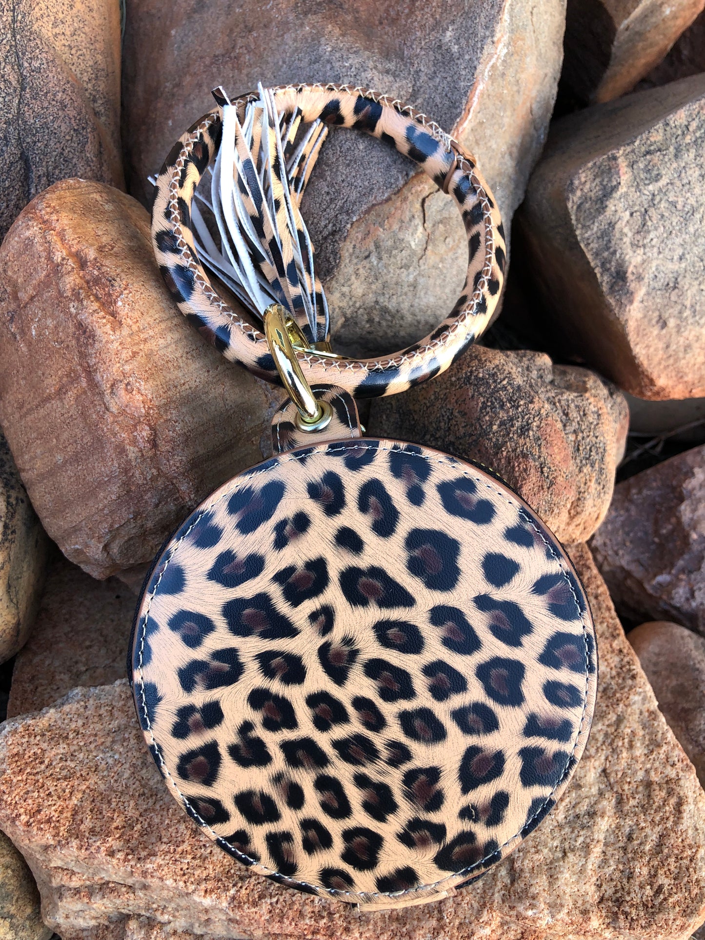 Western tooled leather cactus wristlet with mirror
