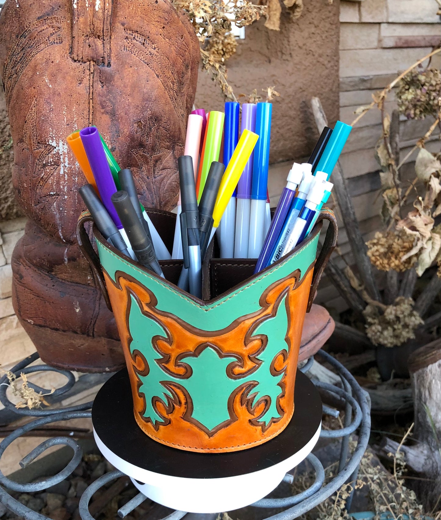 Western tooled leather turquoise and brown boot desk caddy