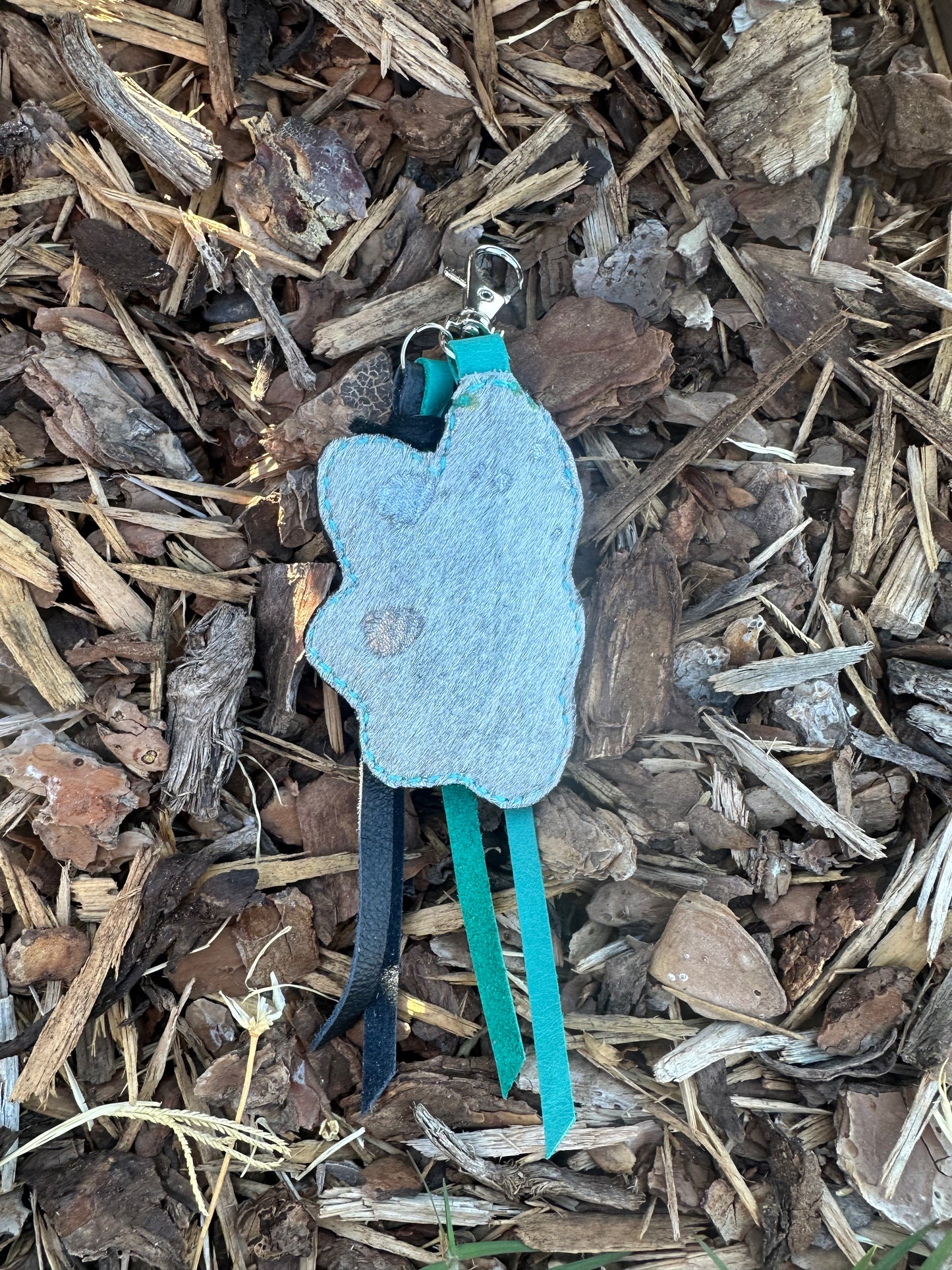 Southwestern tooled leather silver and turquoise pendant keychain