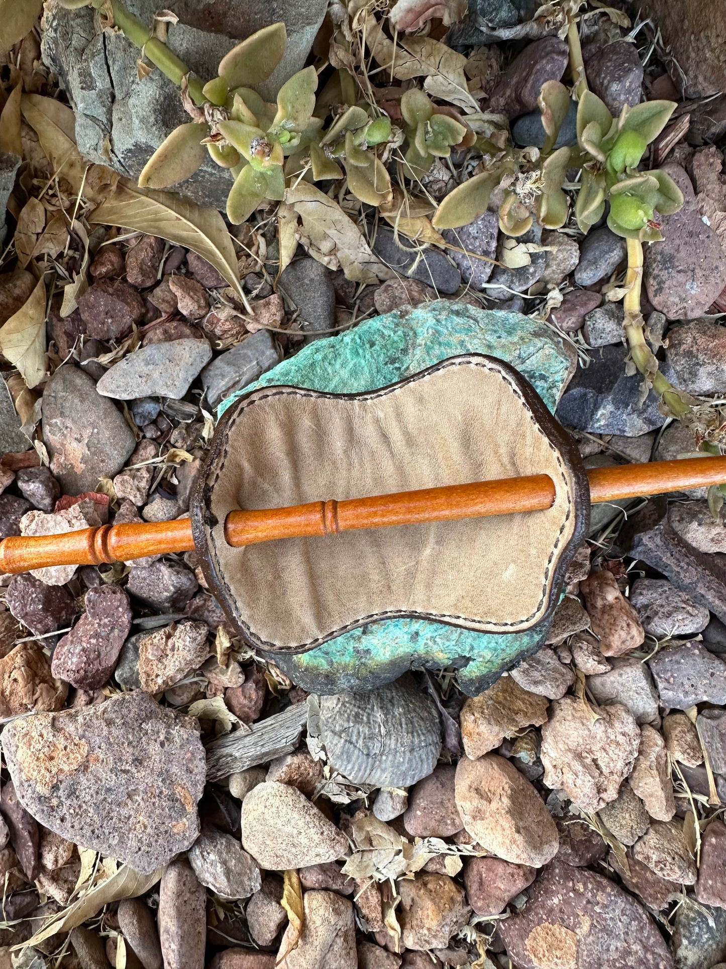 Western tooled leather scroll and turquoise stick hair barrette