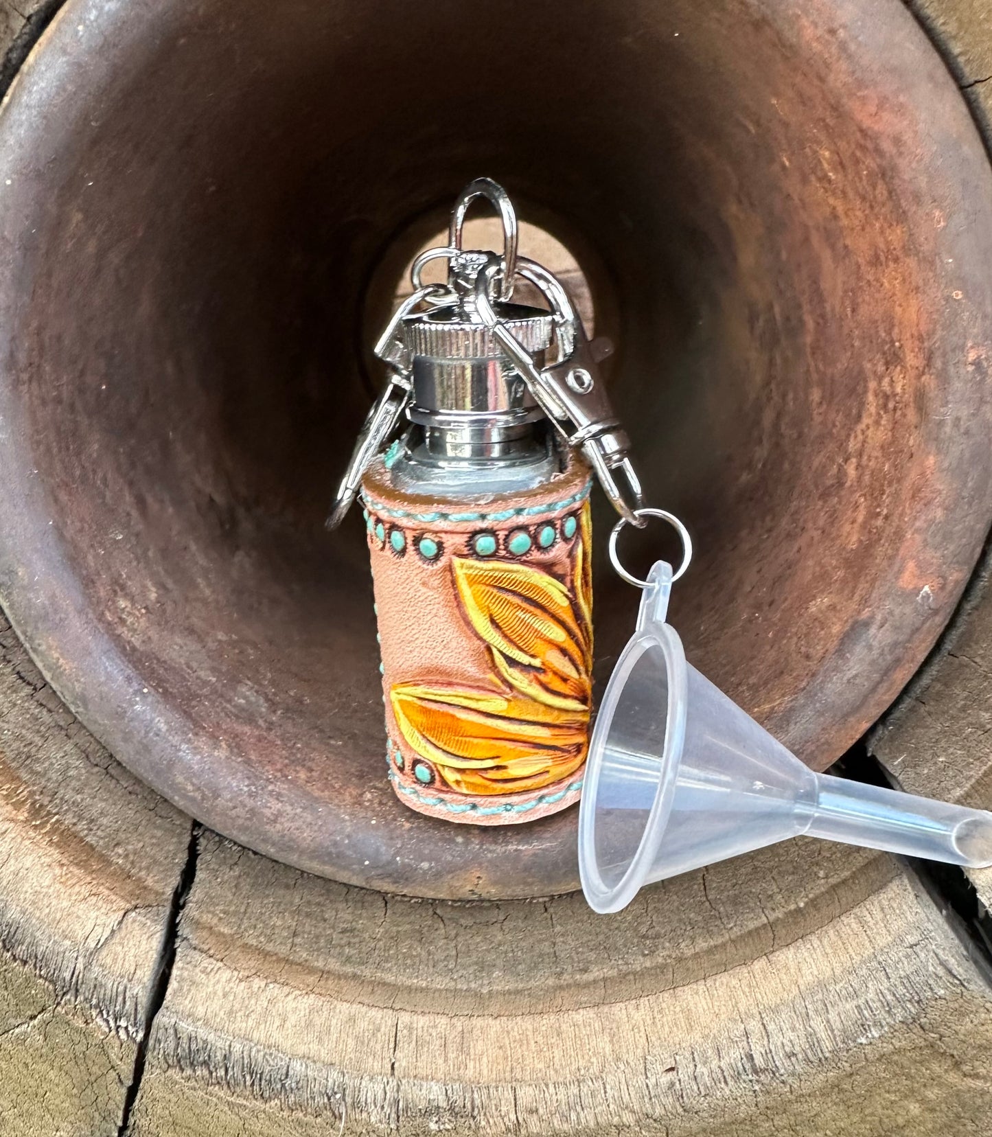 Western tooled leather sunflower mini keychain flask
