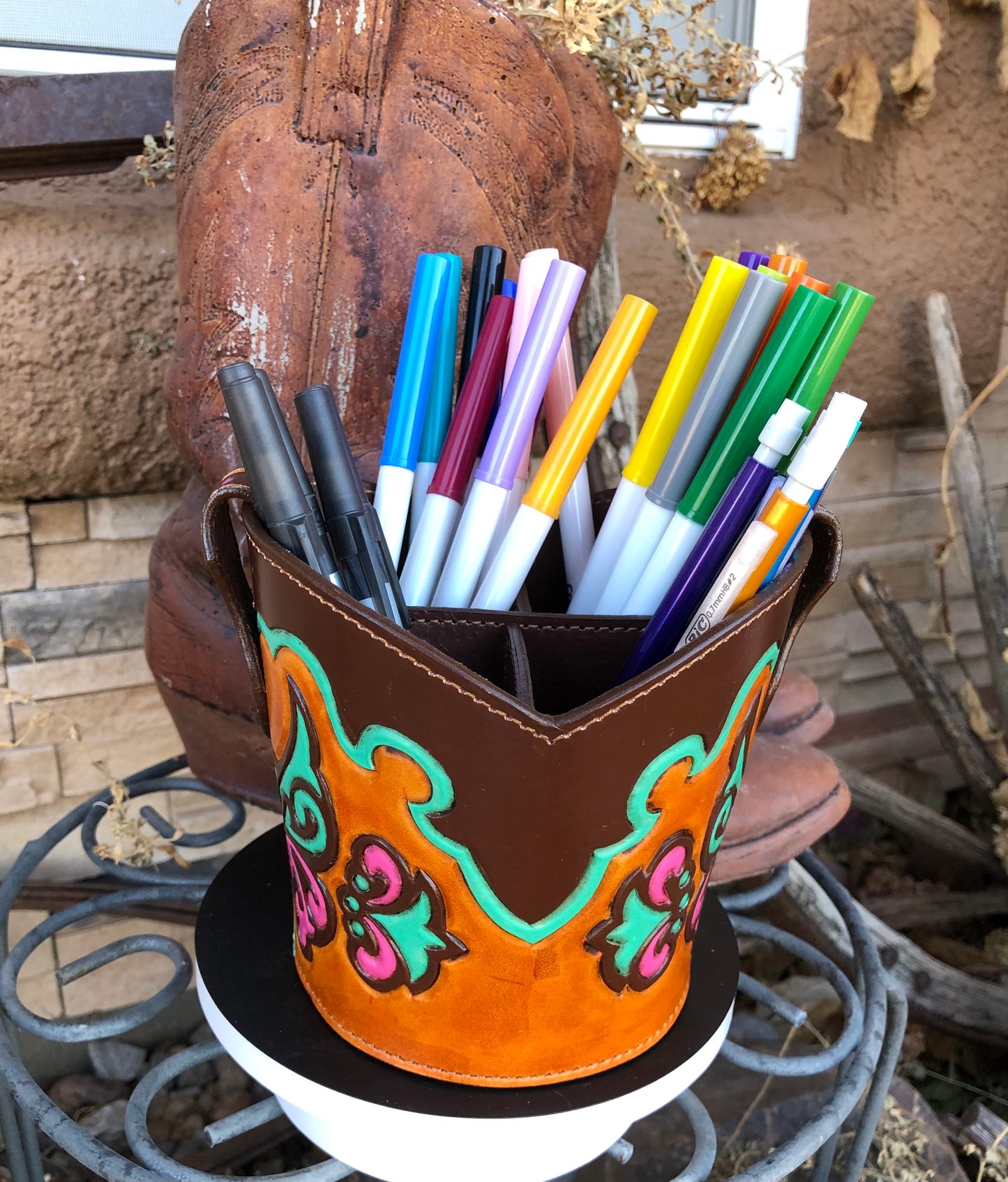 Western tooled leather pink and turquoise butterfly boot desk caddy