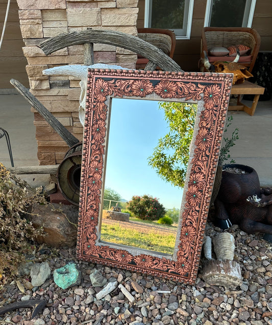 Western tooled floral mirror