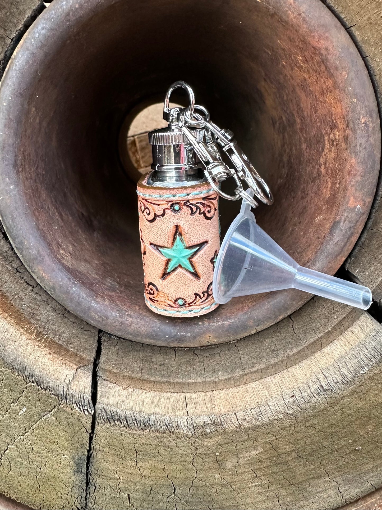 Western tooled leather turquoise star mini keychain flask