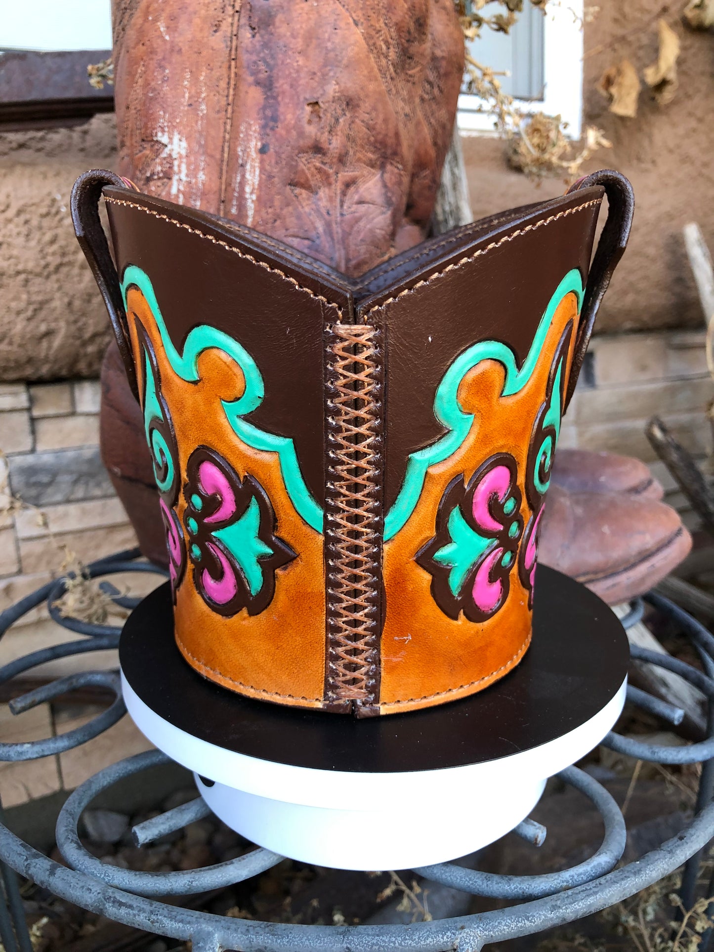 Western tooled leather pink and turquoise butterfly boot desk caddy