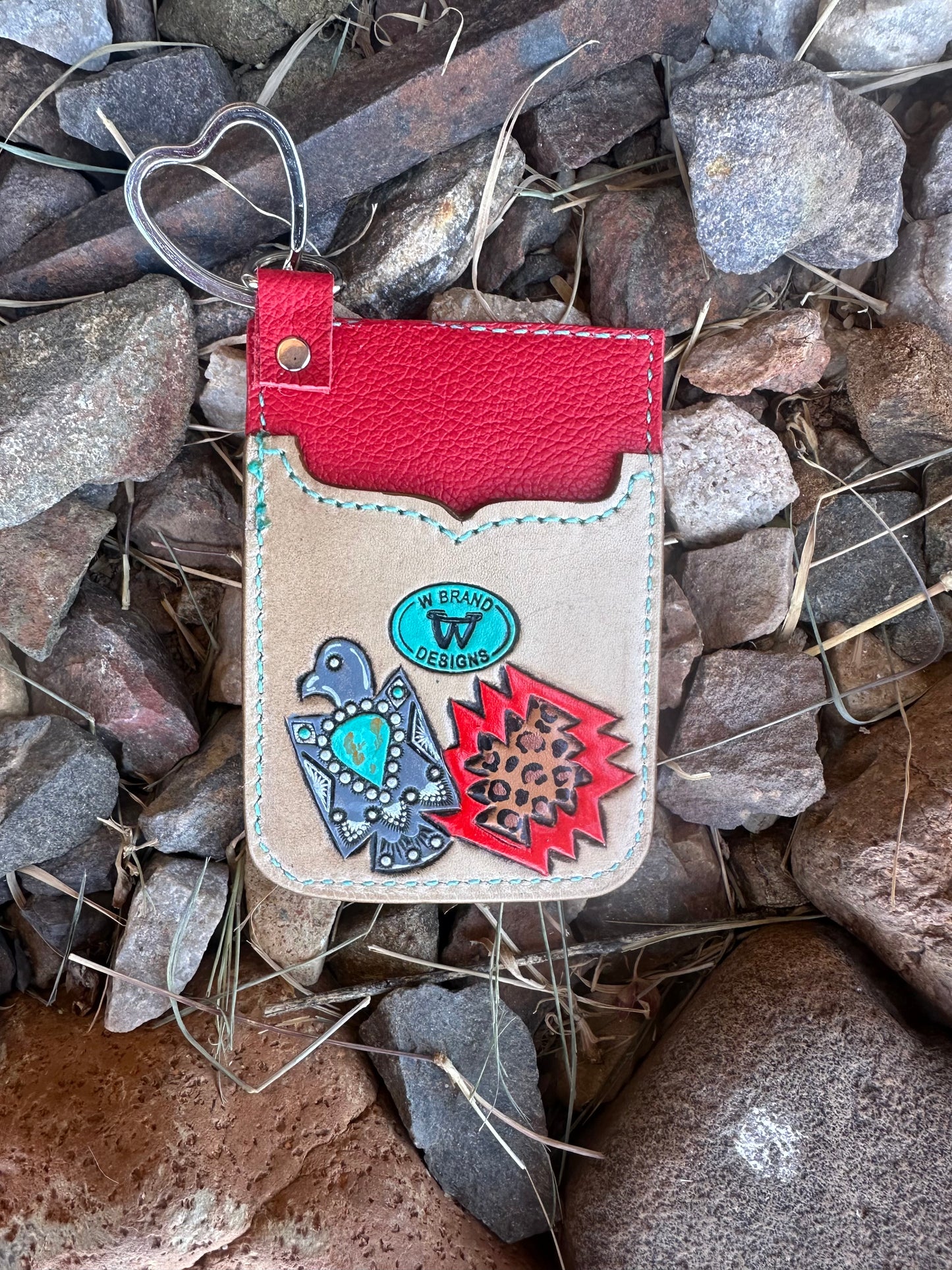 Southwestern tooled leather cactus and thunderbird card keychain
