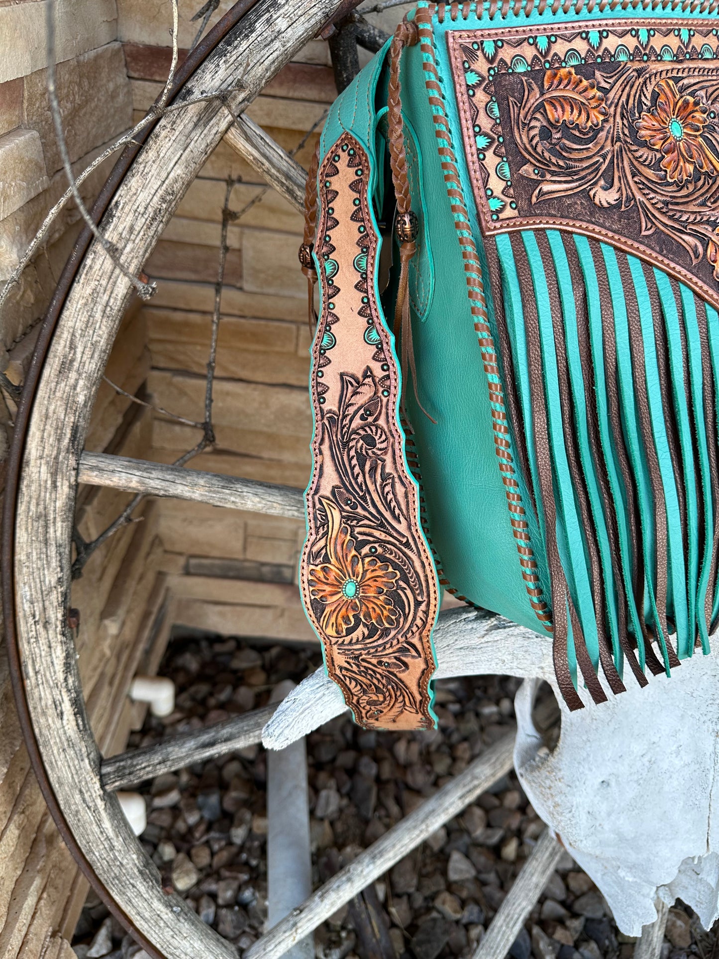 Western tooled leather floral chaps fringe bag