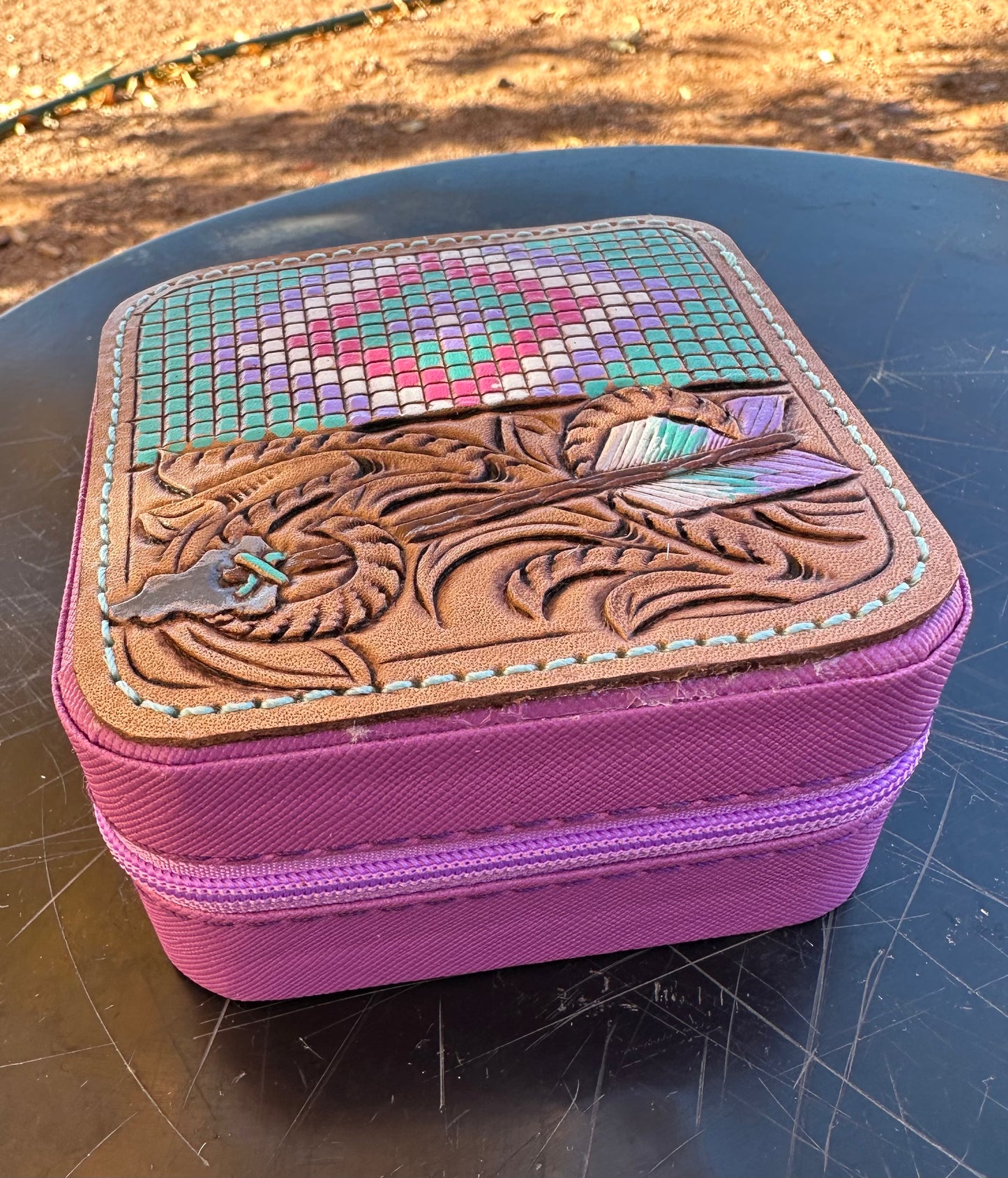 Southwestern tooled leather arrow and faux beadwork patch travel jewelry case