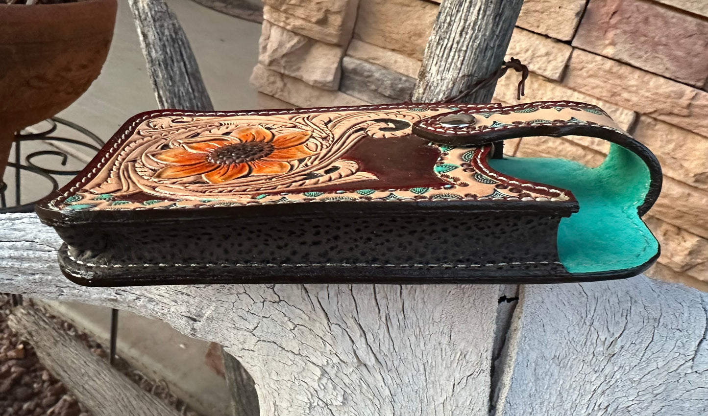Western tooled leather floral cell phone case