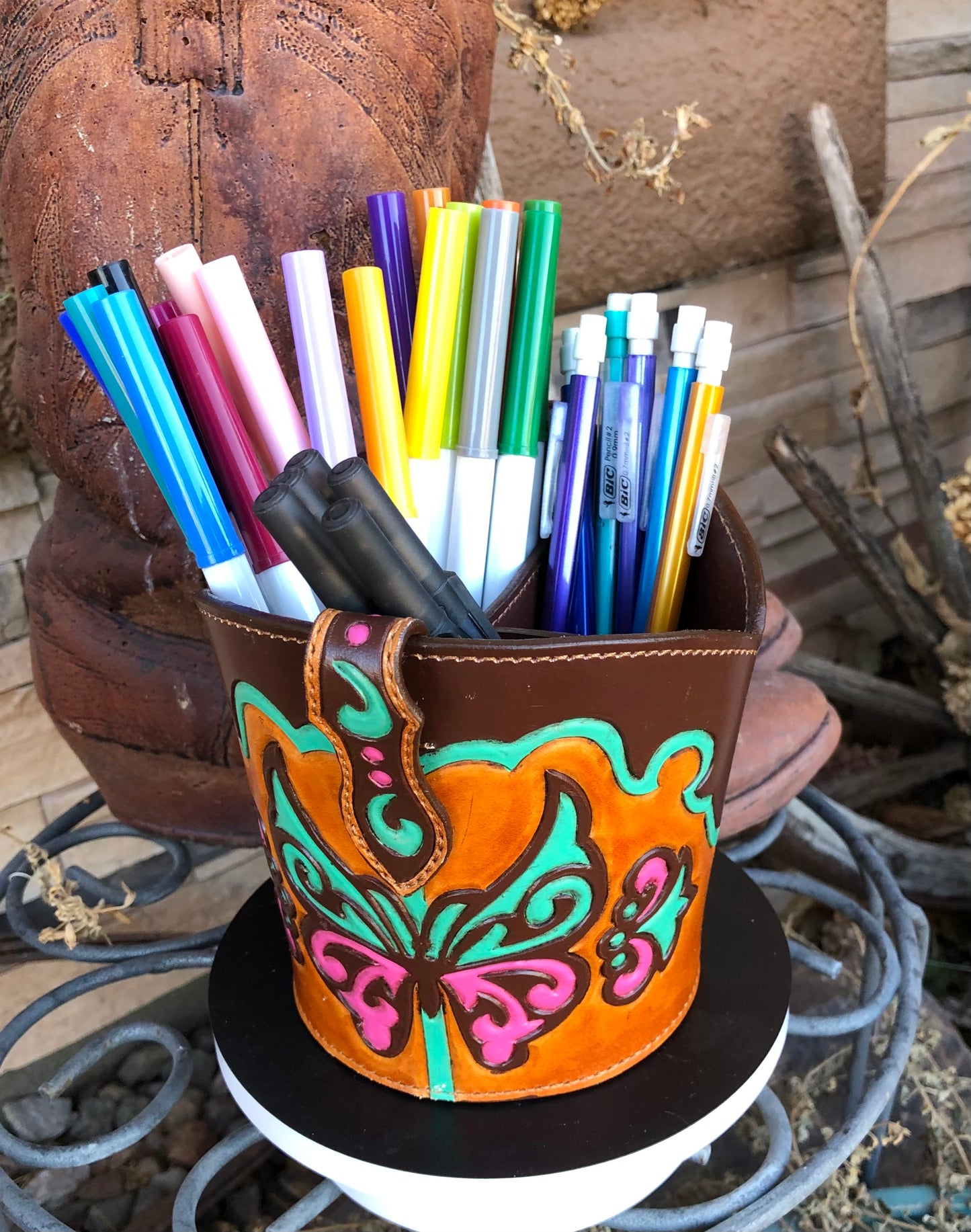 Western tooled leather pink and turquoise butterfly boot desk caddy