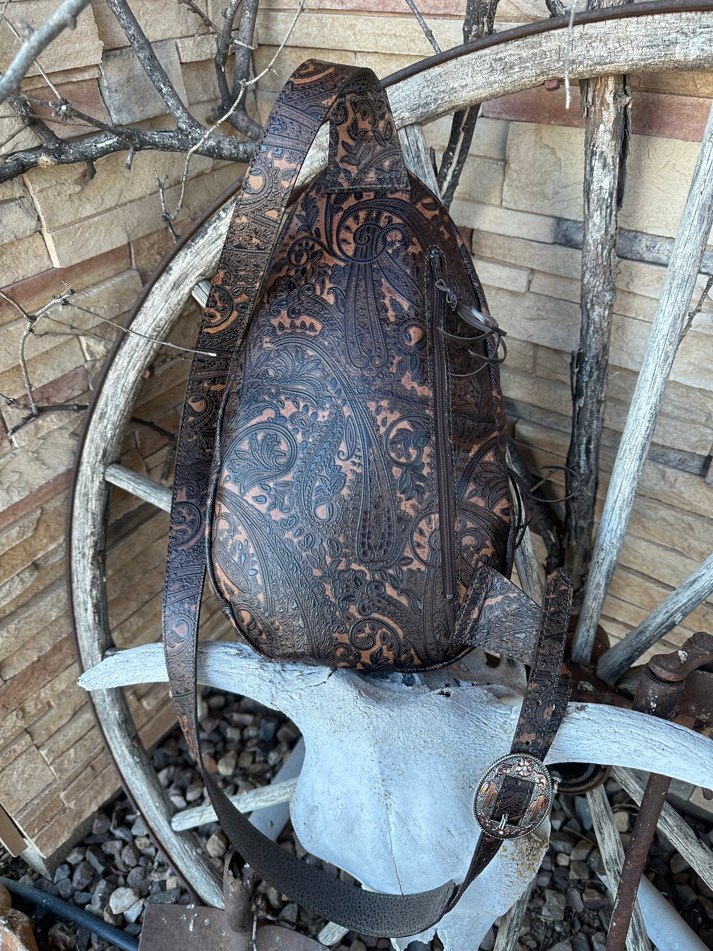 Western tooled leather cactus boots sling bag