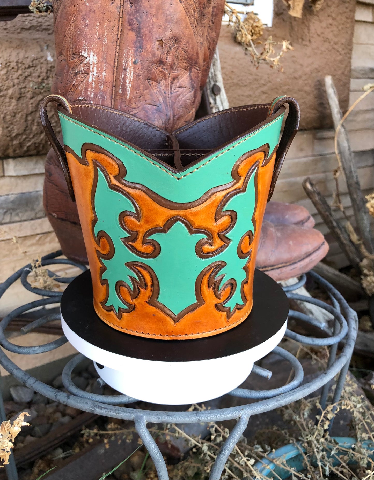 Western tooled leather turquoise and brown boot desk caddy