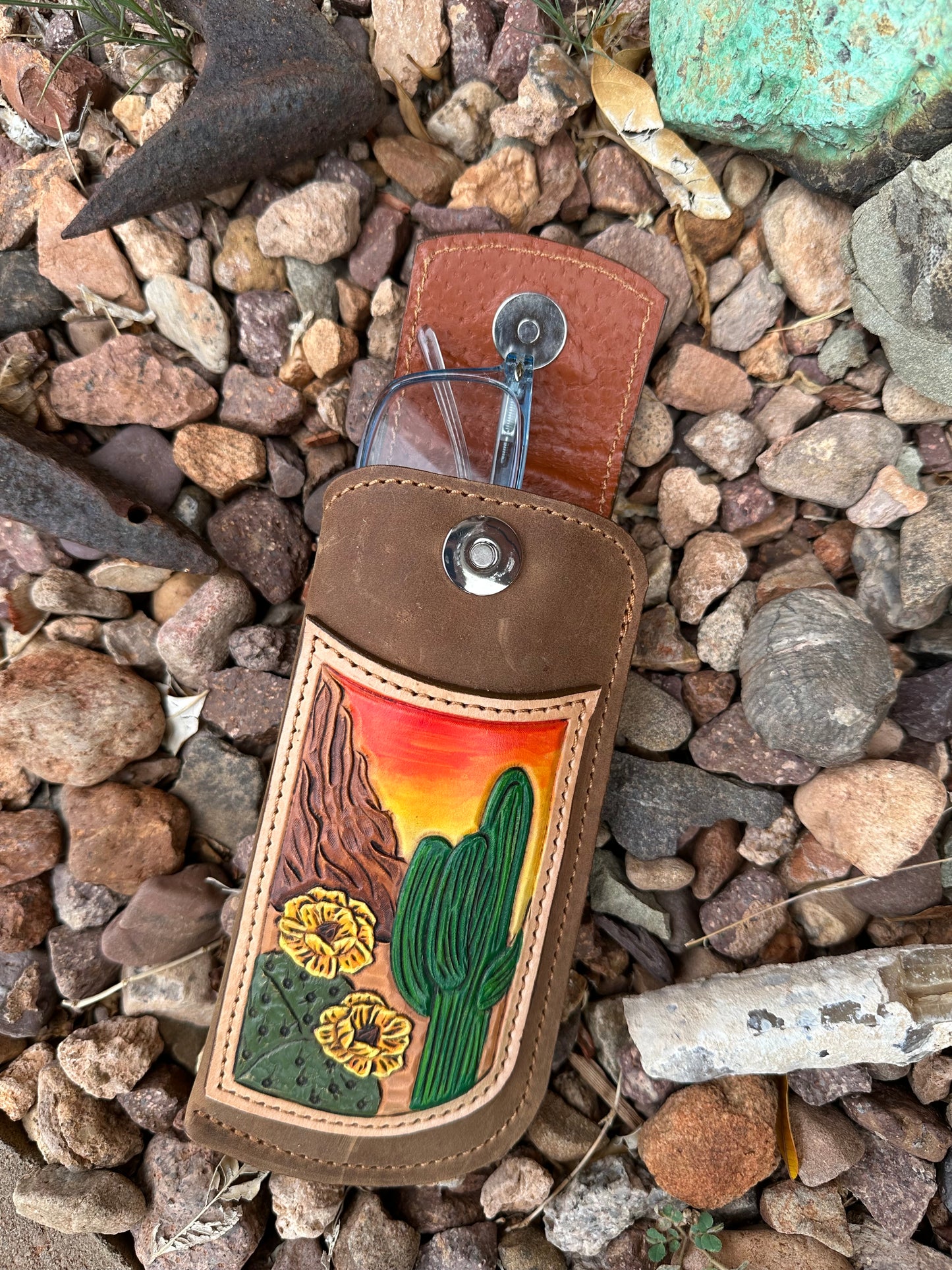 Western leather desert cactus eye glass case