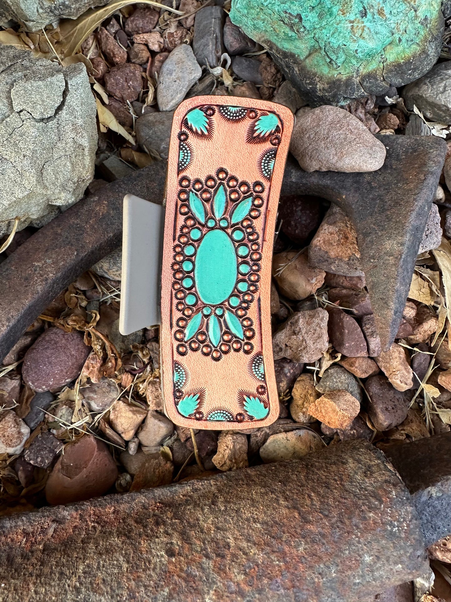 Western tooled leather turquoise and copper large claw clip