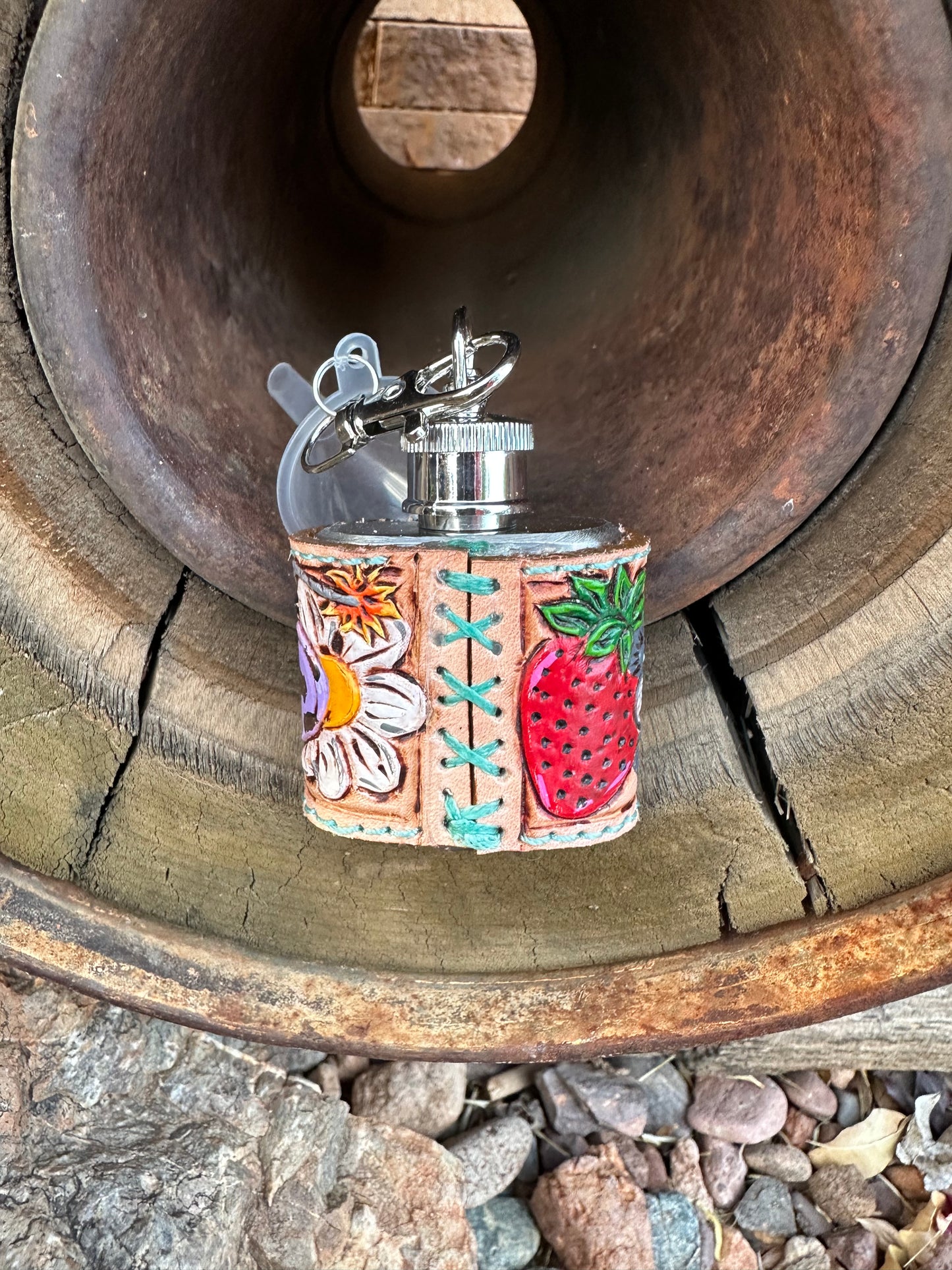 Western tooled leather lips, heart bomb, strawberry and turquoise mini keychain flask
