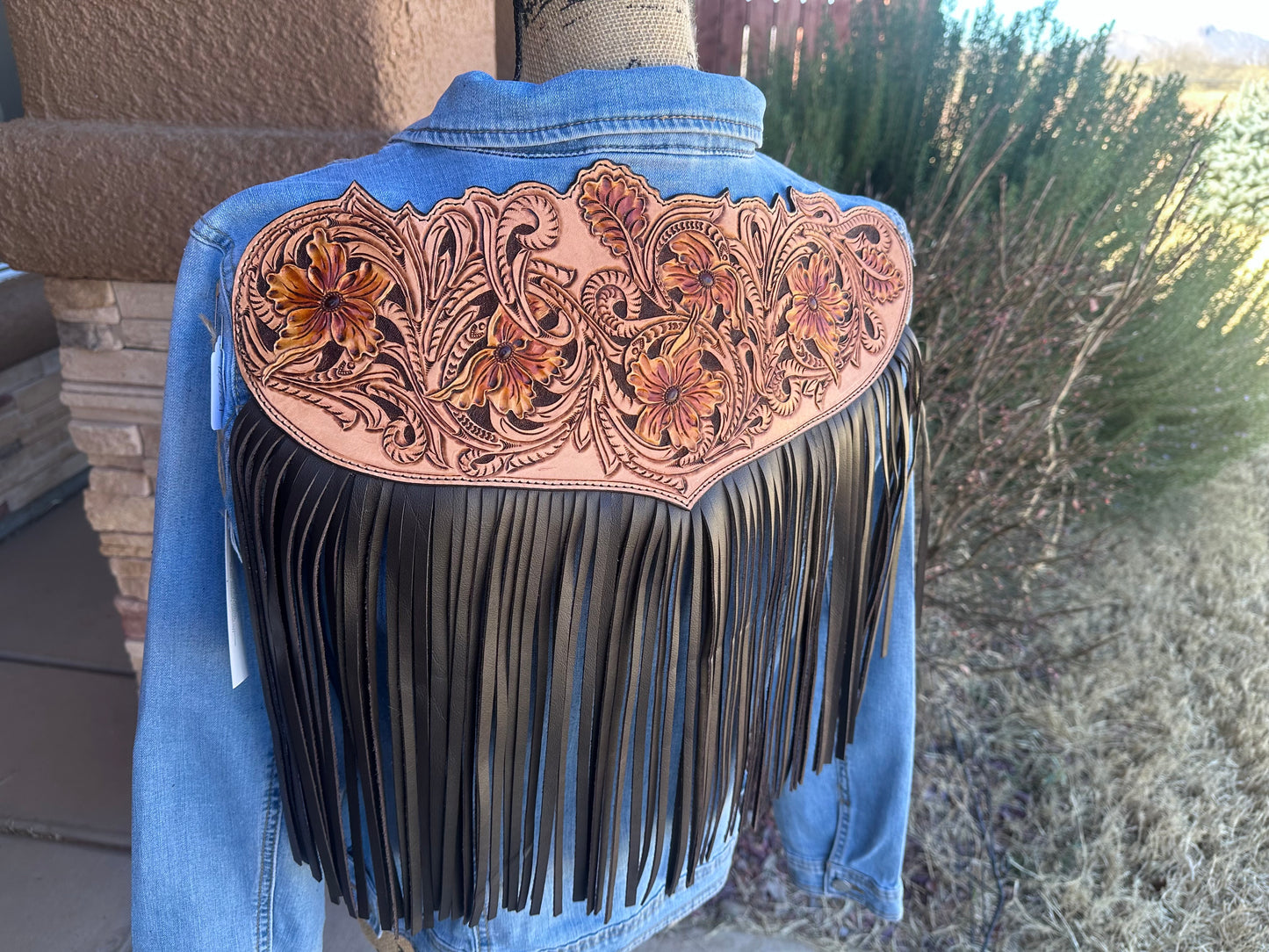 Western tooled leather floral fringe jacket