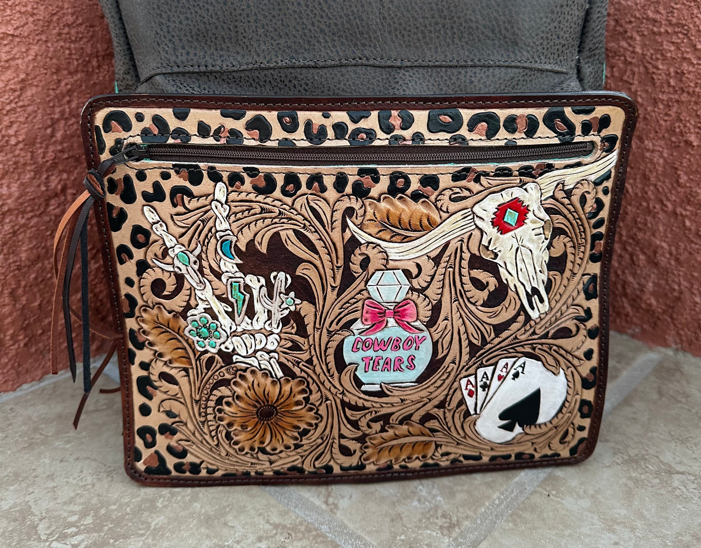 Western tooled leather Cowboy Tears and chocolate leather backpack