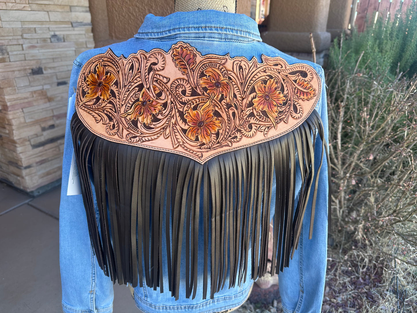 Western tooled leather floral fringe jacket