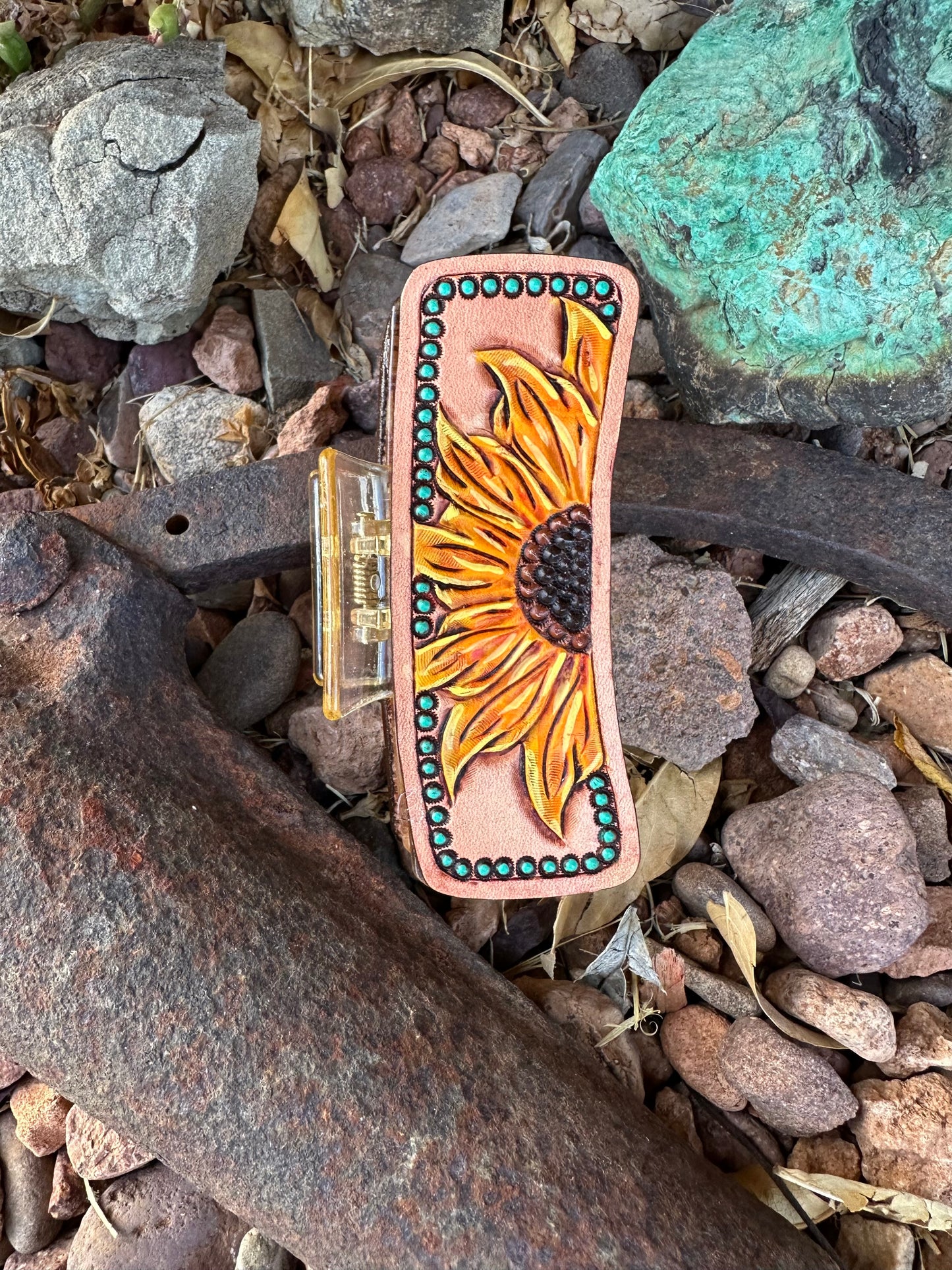 Western tooled leather sunflower large claw clip