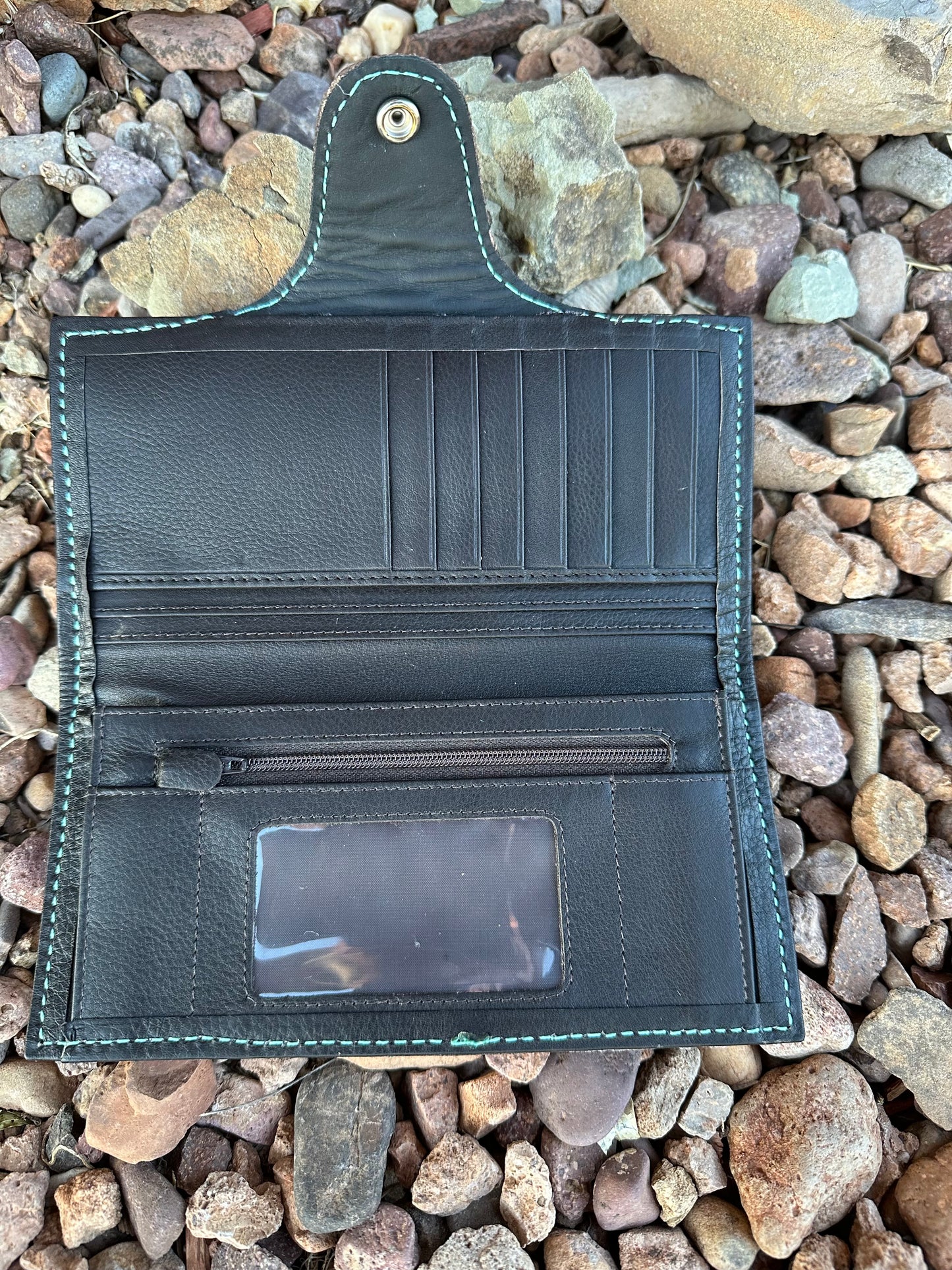 Southwest tooled leather feather and faux beadwork wallet