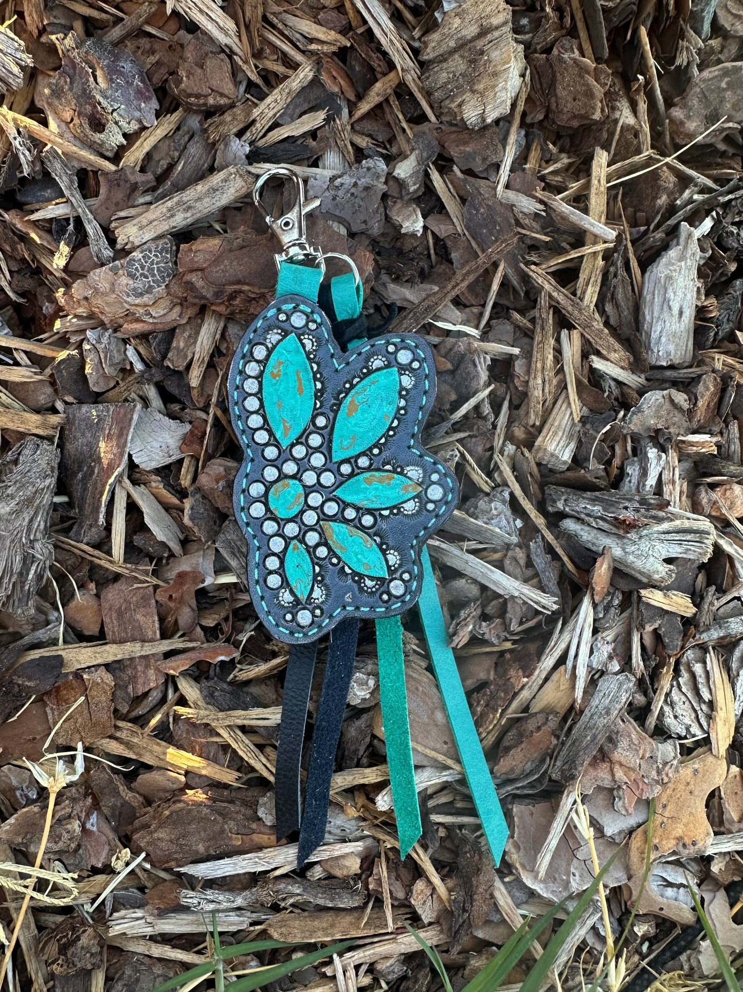 Southwestern tooled leather silver and turquoise pendant keychain