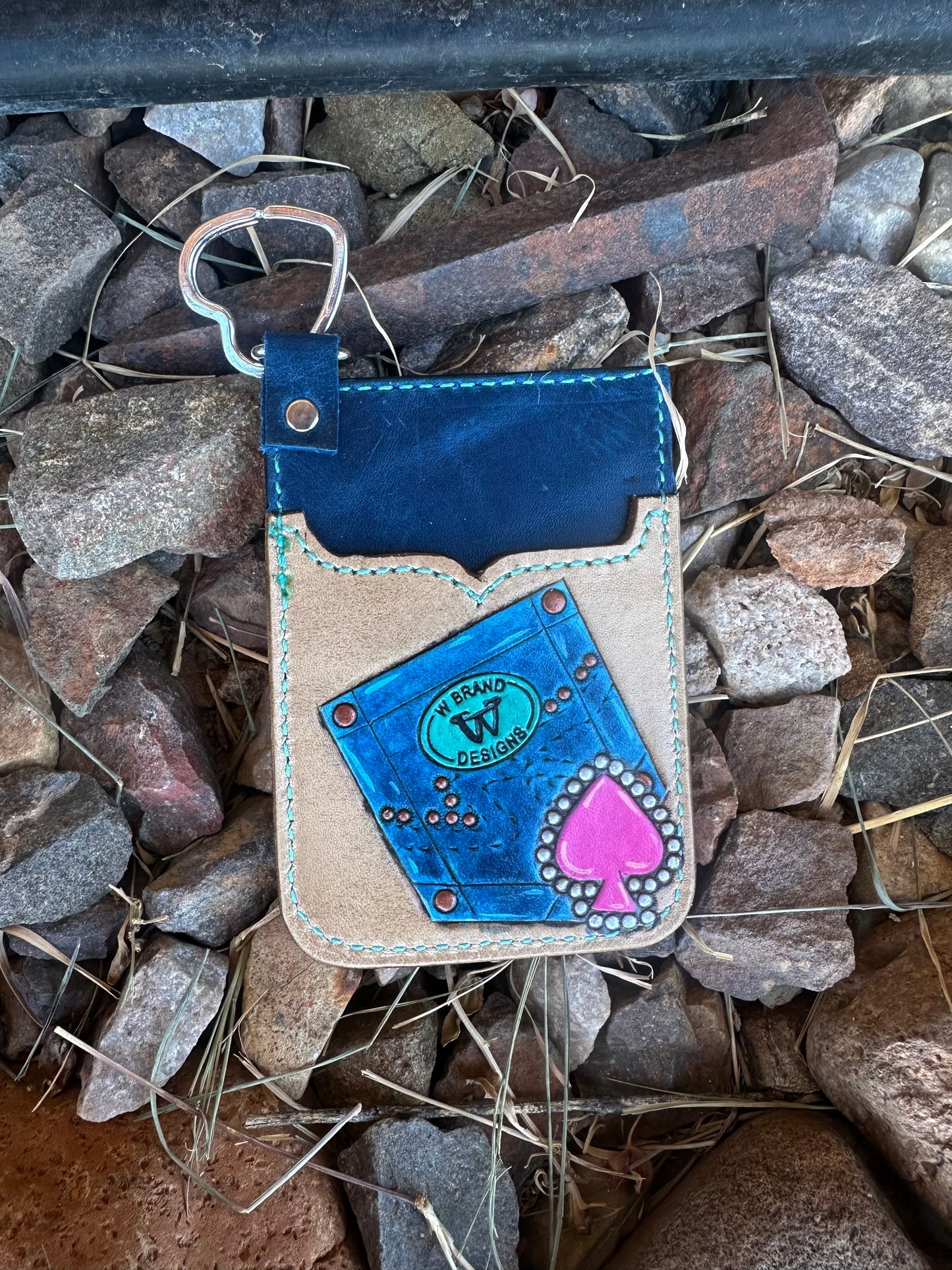 Western tooled leather denim cards and heart card keychain