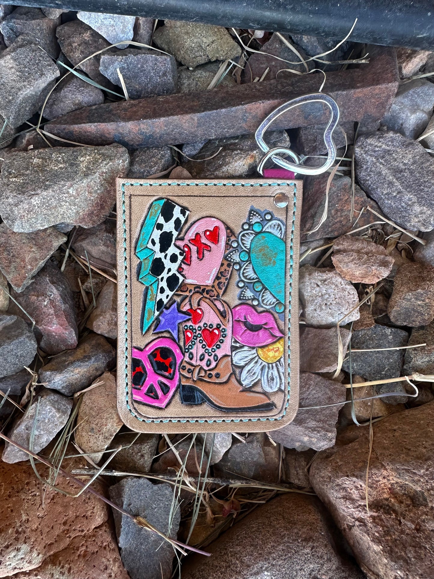 Western tooled leather boot daisy and peace heart card keychain