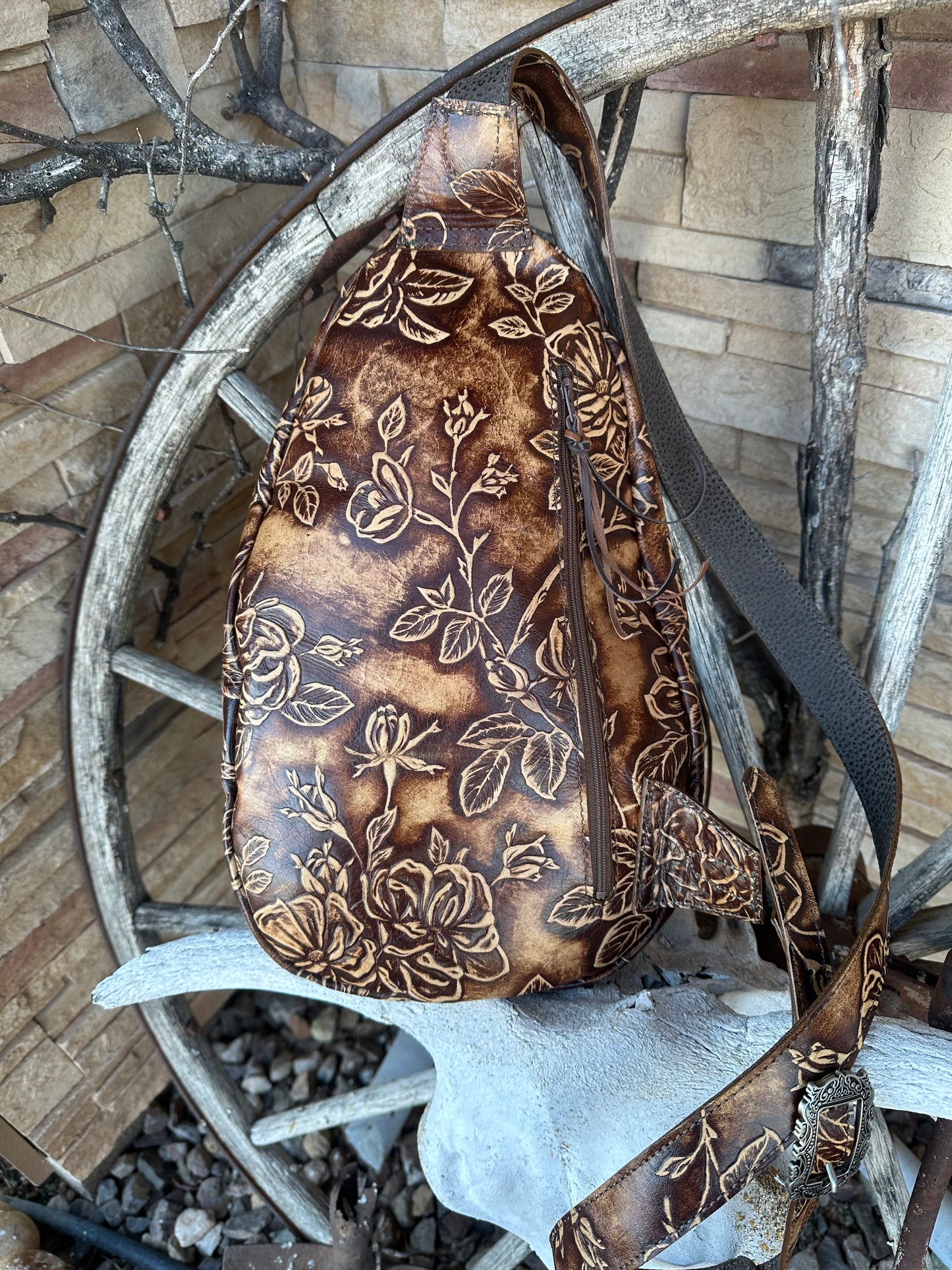 Western tooled leather Keepin it Cowgirl sling bag
