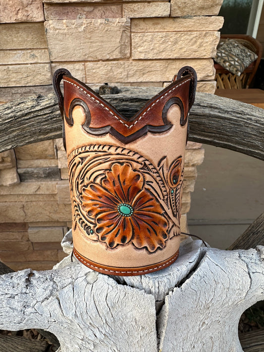 Western tooled leather floral boot pen holder