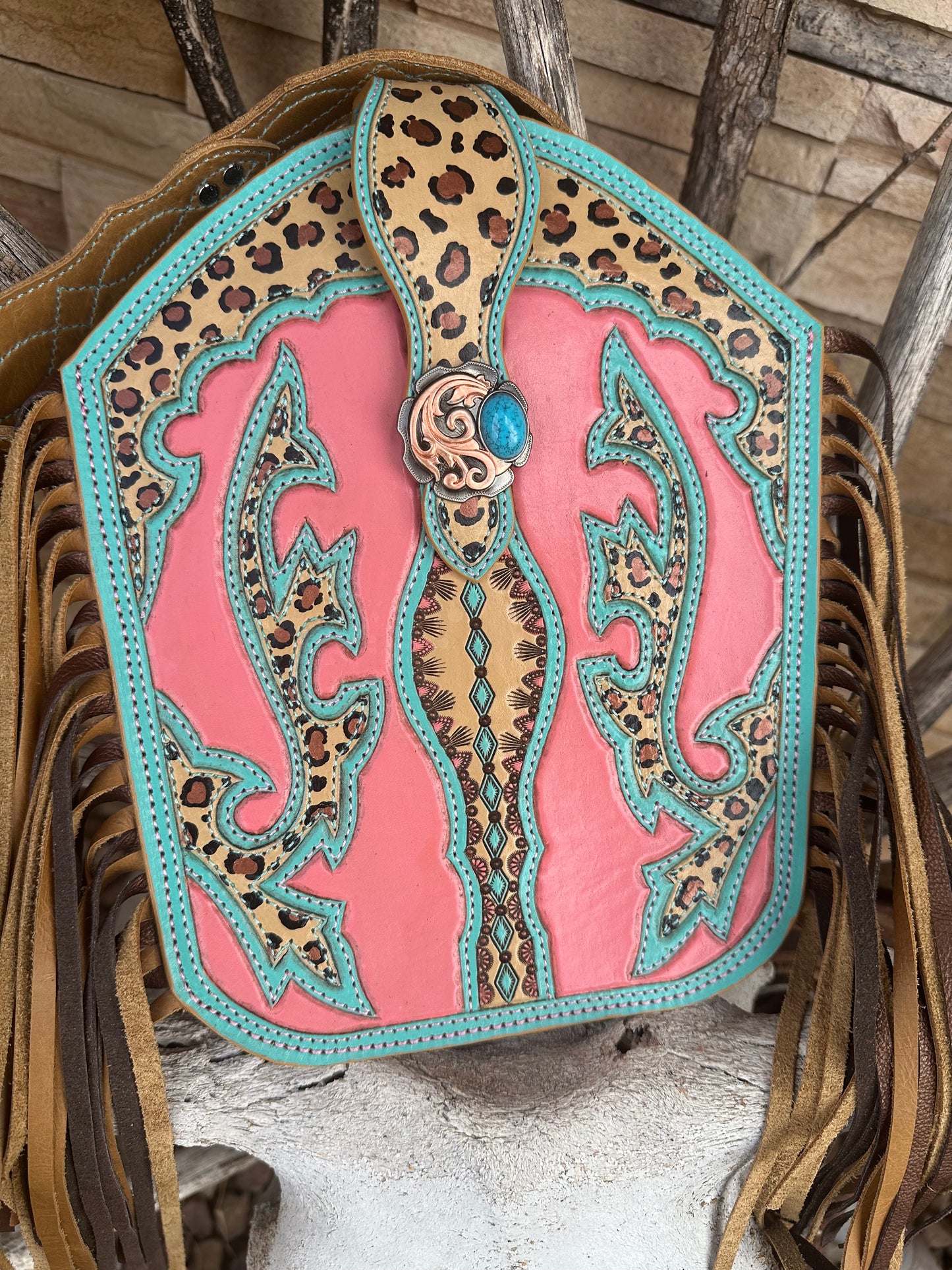 Western tooled leather turquoise, pink and leopard print fringe boot purse
