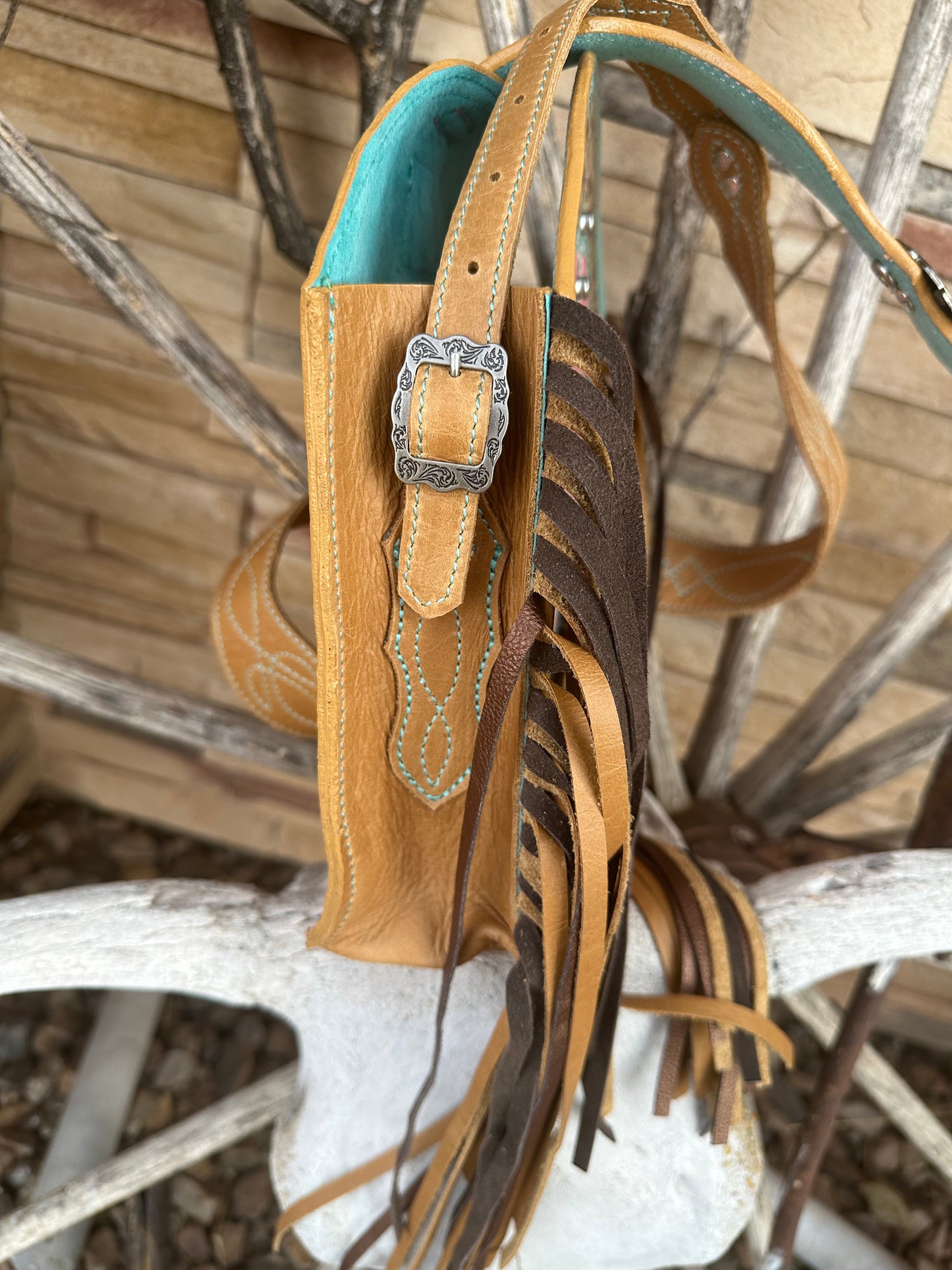 Western tooled leather turquoise, pink and leopard print fringe boot purse