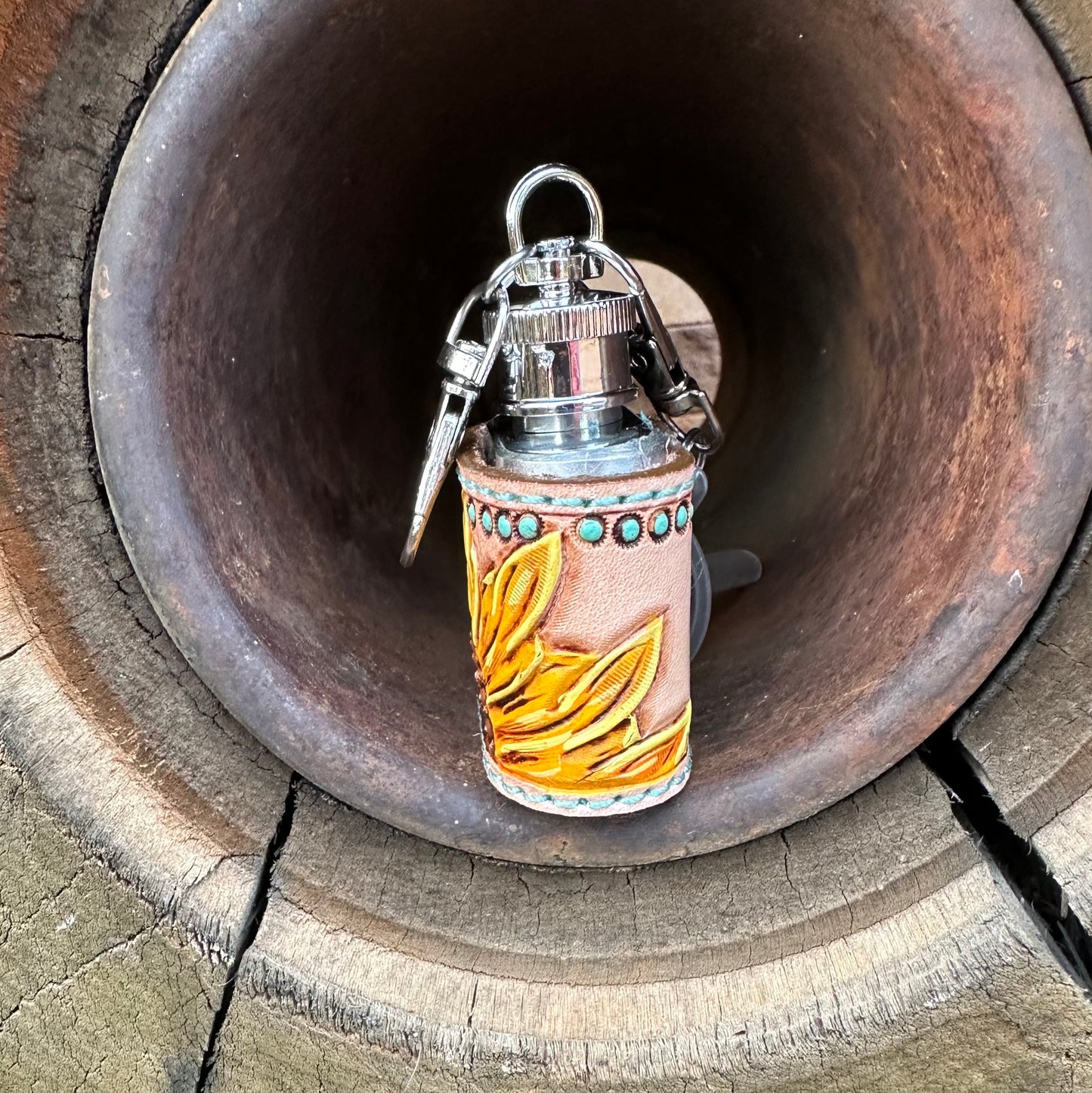 Western tooled leather sunflower mini keychain flask