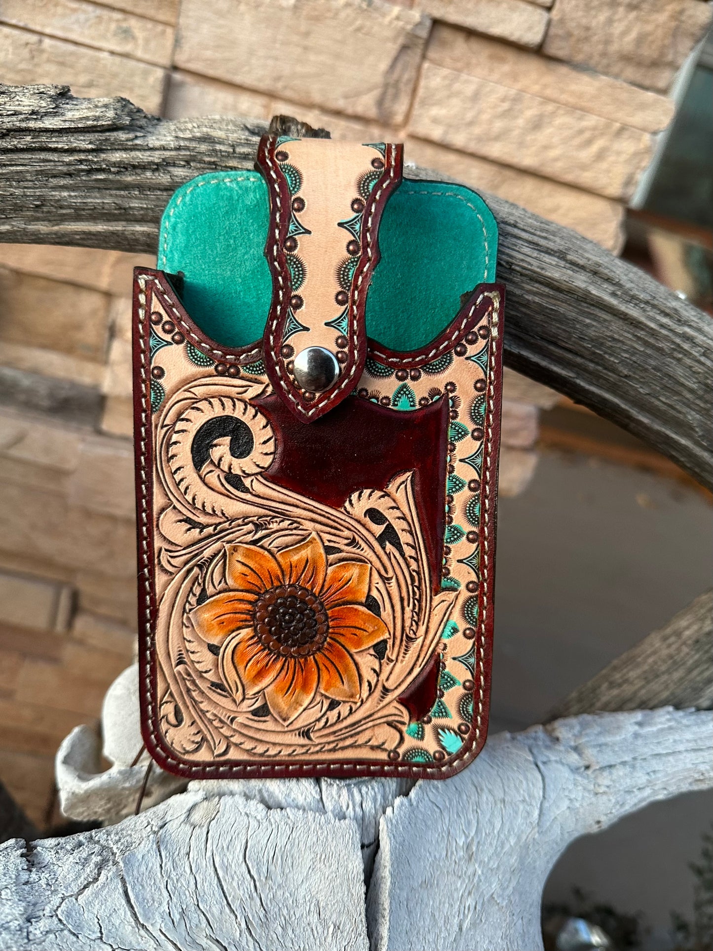 Western tooled leather floral cell phone case