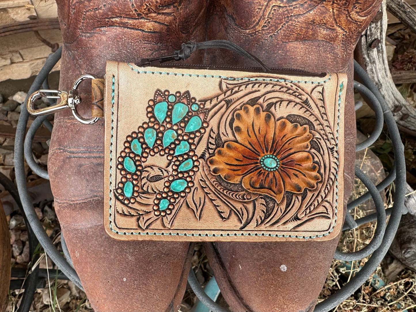 Western tooled leather turquoise and copper pendant zipper card wallet