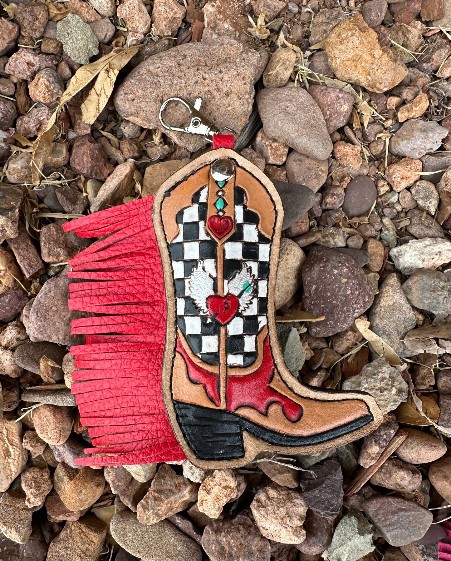 Western tooled leather winged heart and checkered print fringe boot chapstick keychain