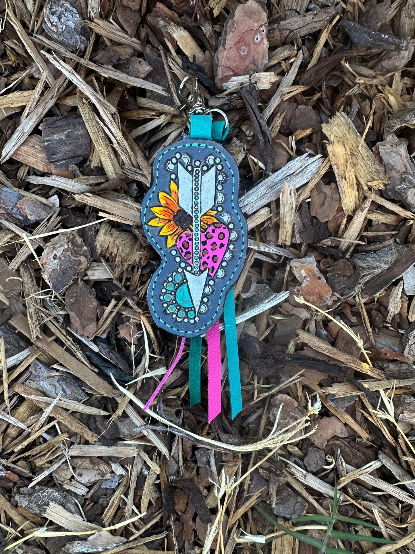 Western tooled leather arrow sunflower turquoise and leopard heart keychain