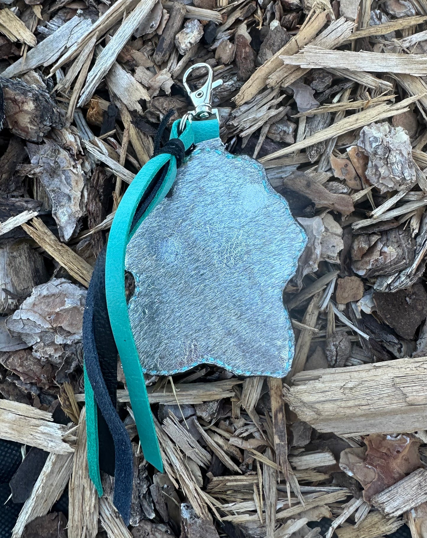 Southwestern tooled leather silver and turquoise arrows keychain