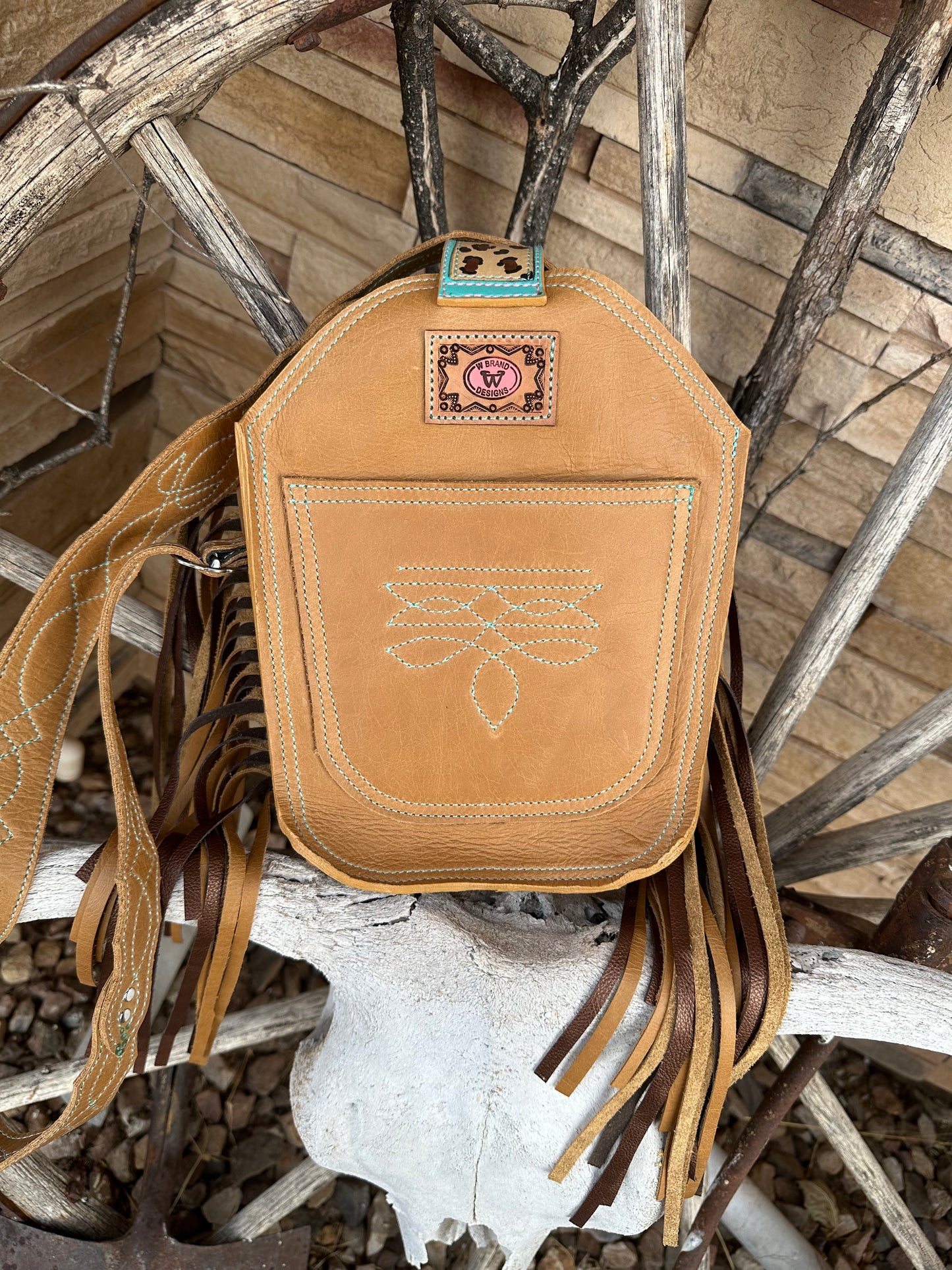 Western tooled leather turquoise, pink and leopard print fringe boot purse