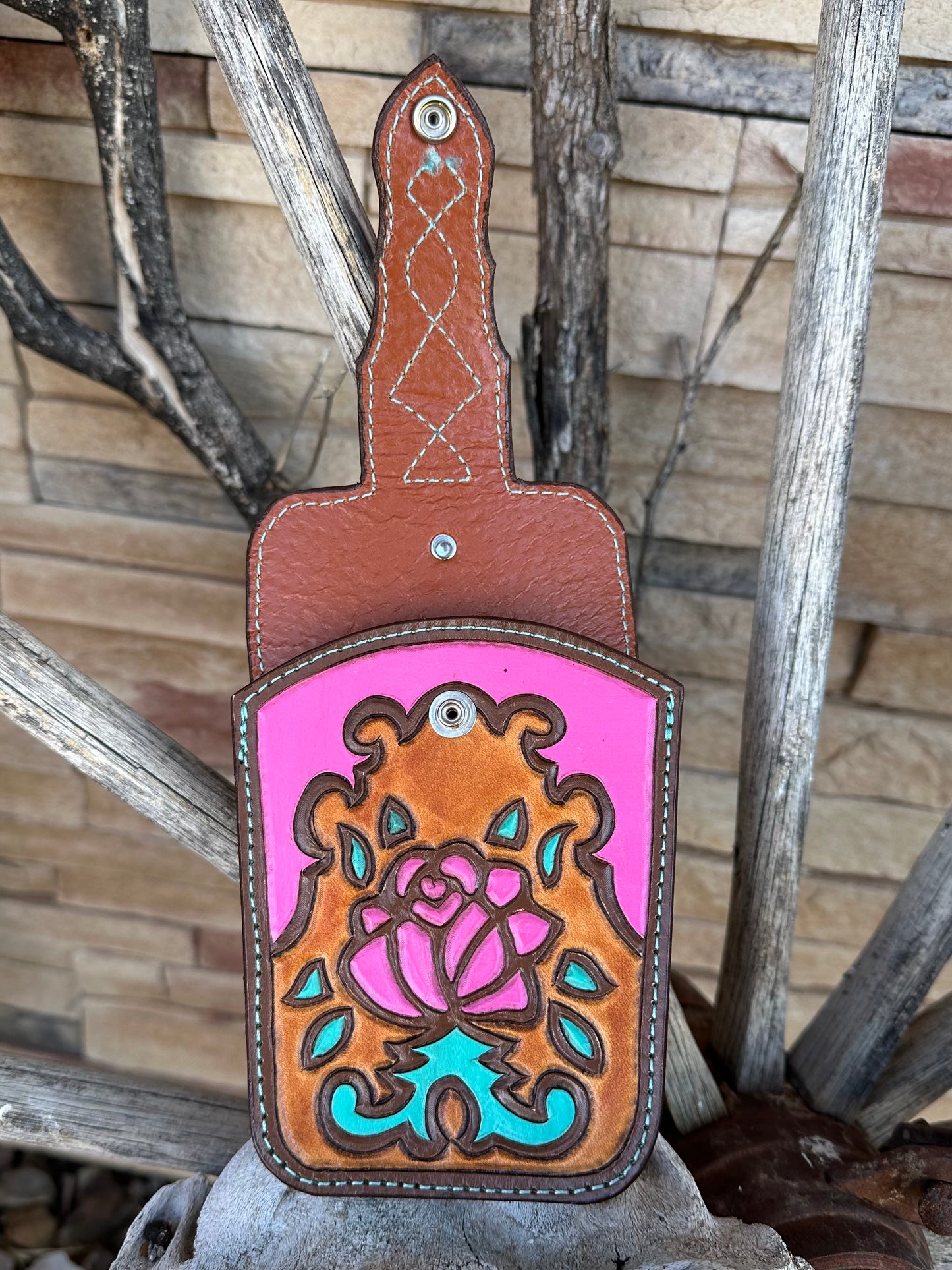Western tooled leather rose belt cell phone case