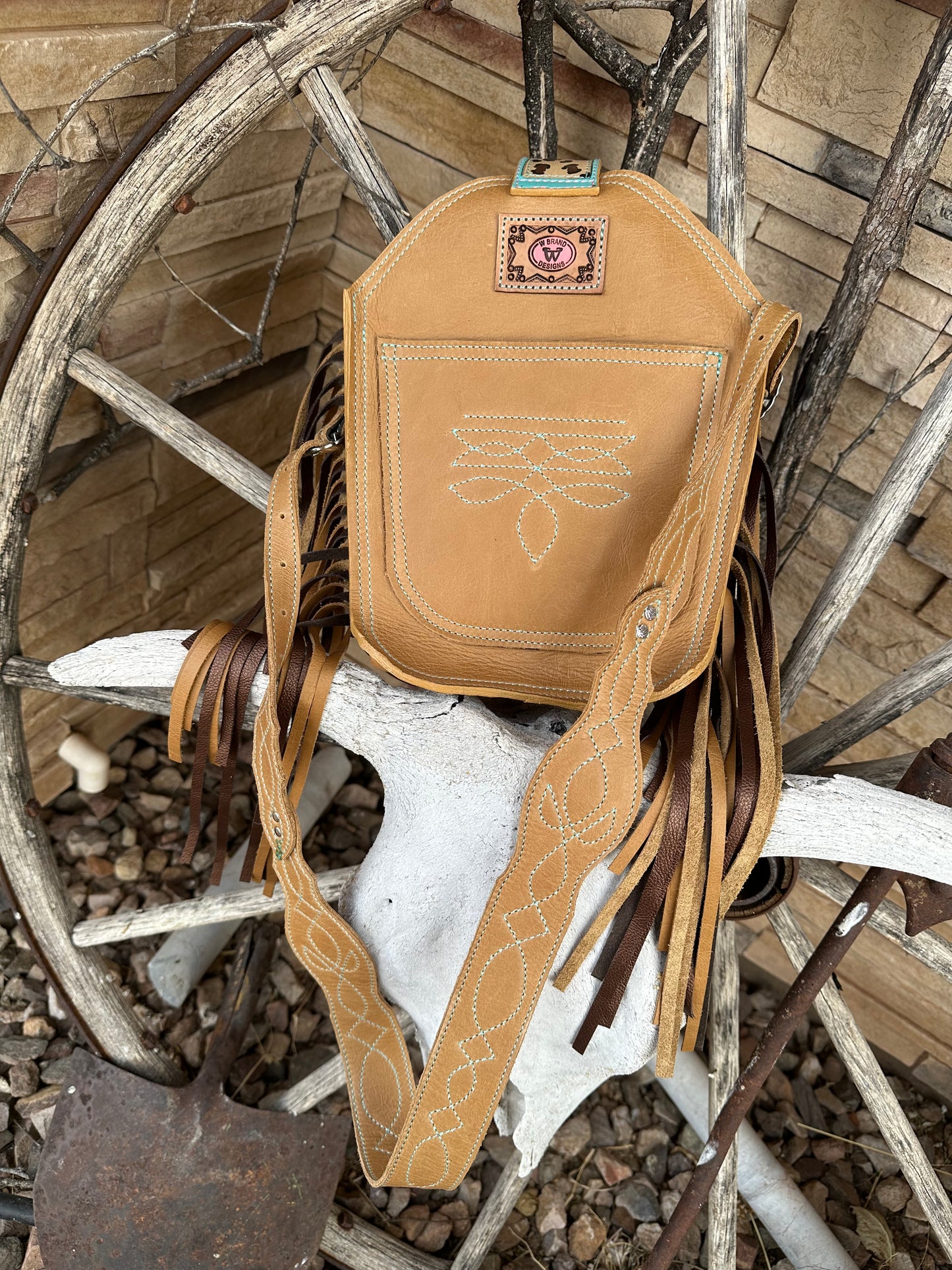 Western tooled leather turquoise, pink and leopard print fringe boot purse