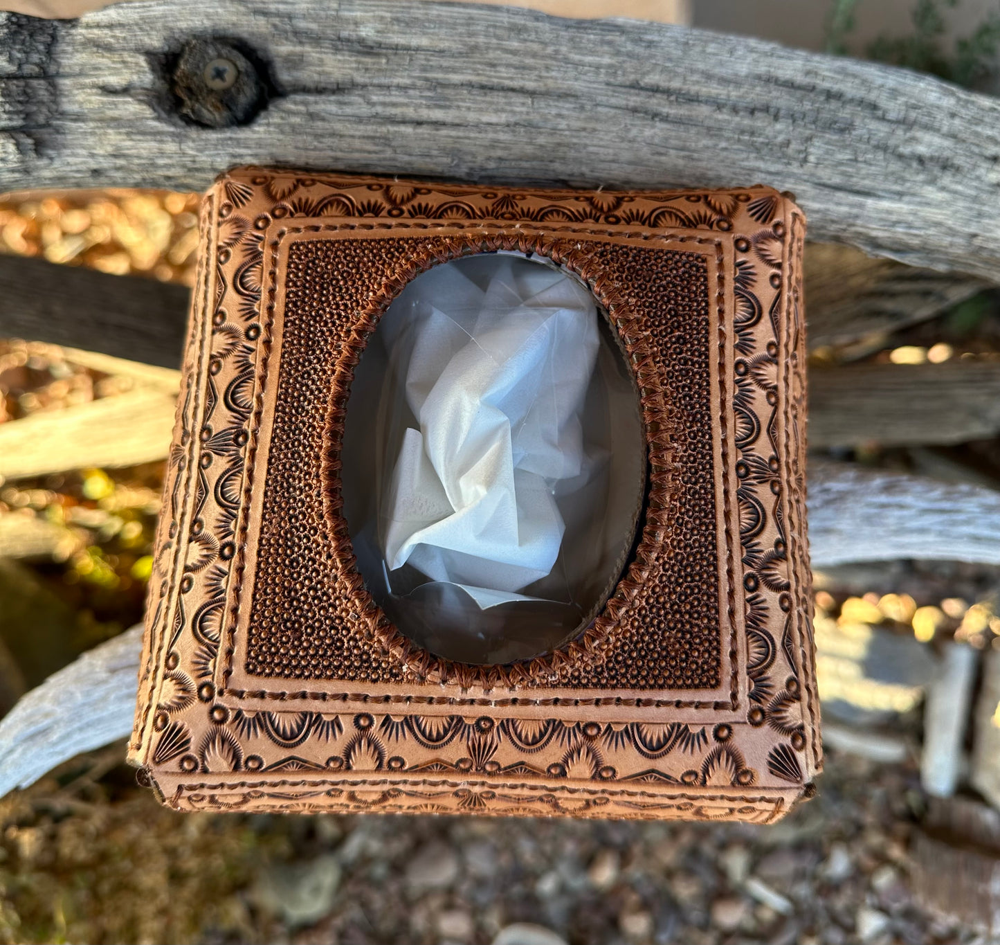 Western tooled leather floral tissue box cover