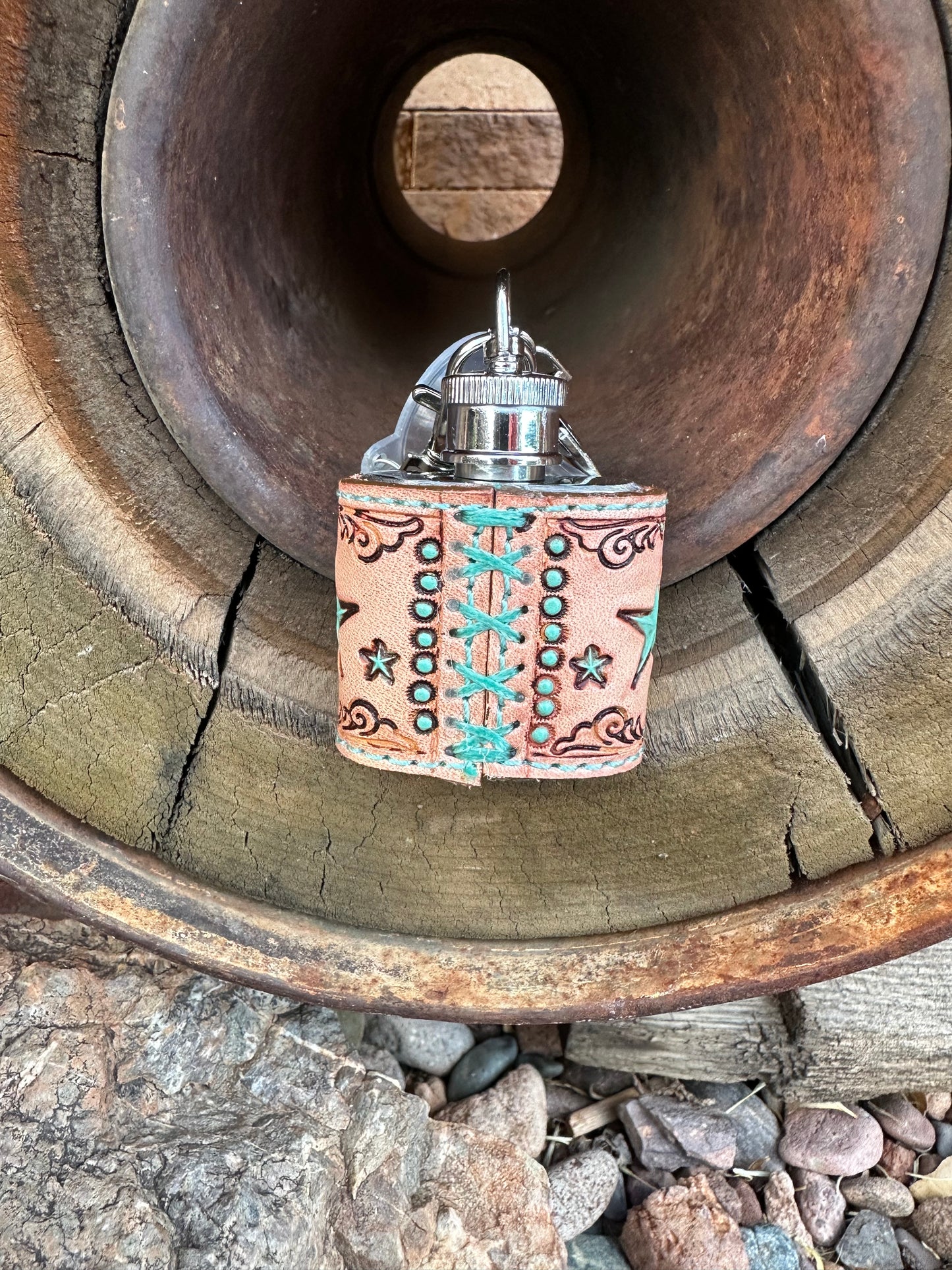 Western tooled leather turquoise star mini keychain flask